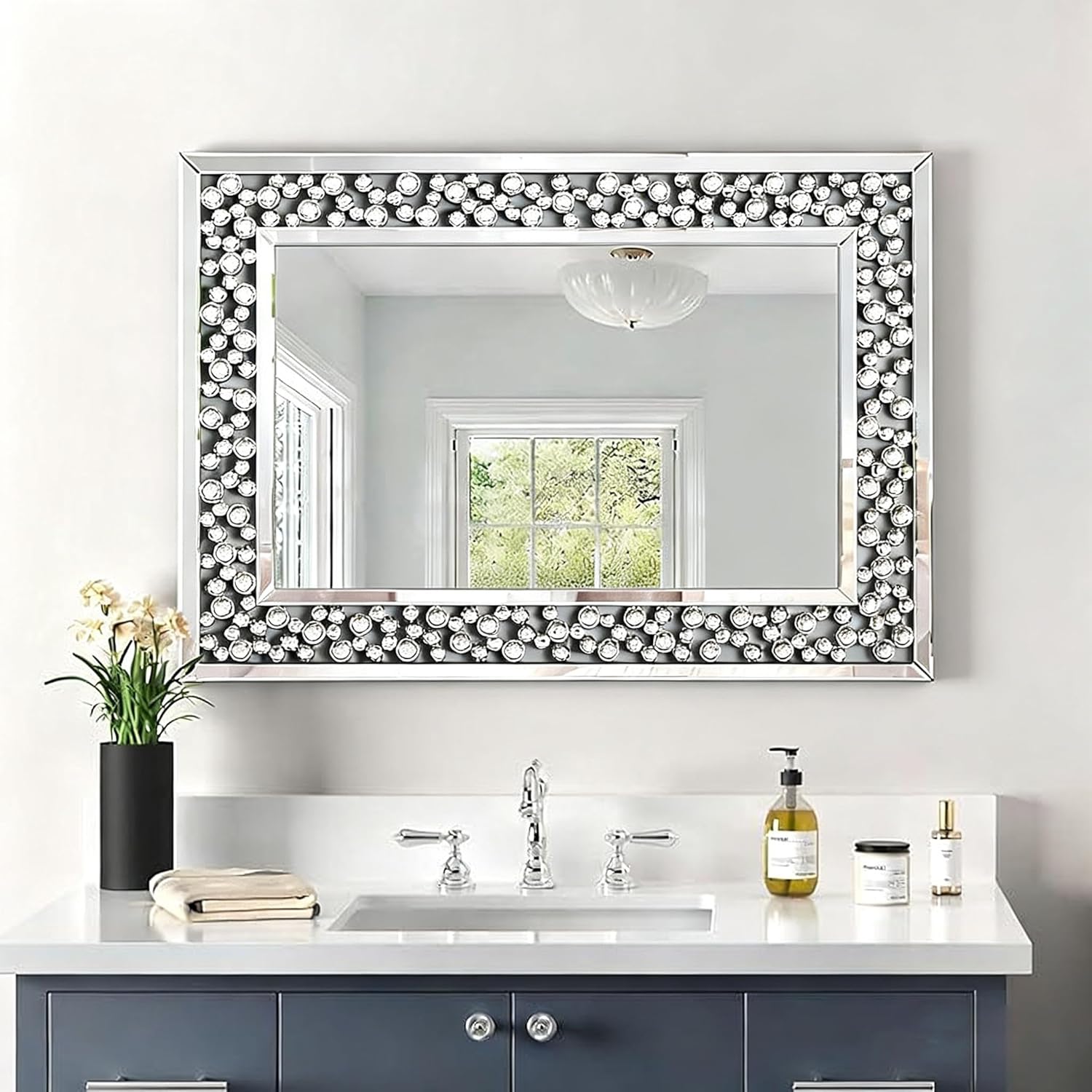 Beveled Luxe Silver Wall Mirror — 32" — Jewel-6