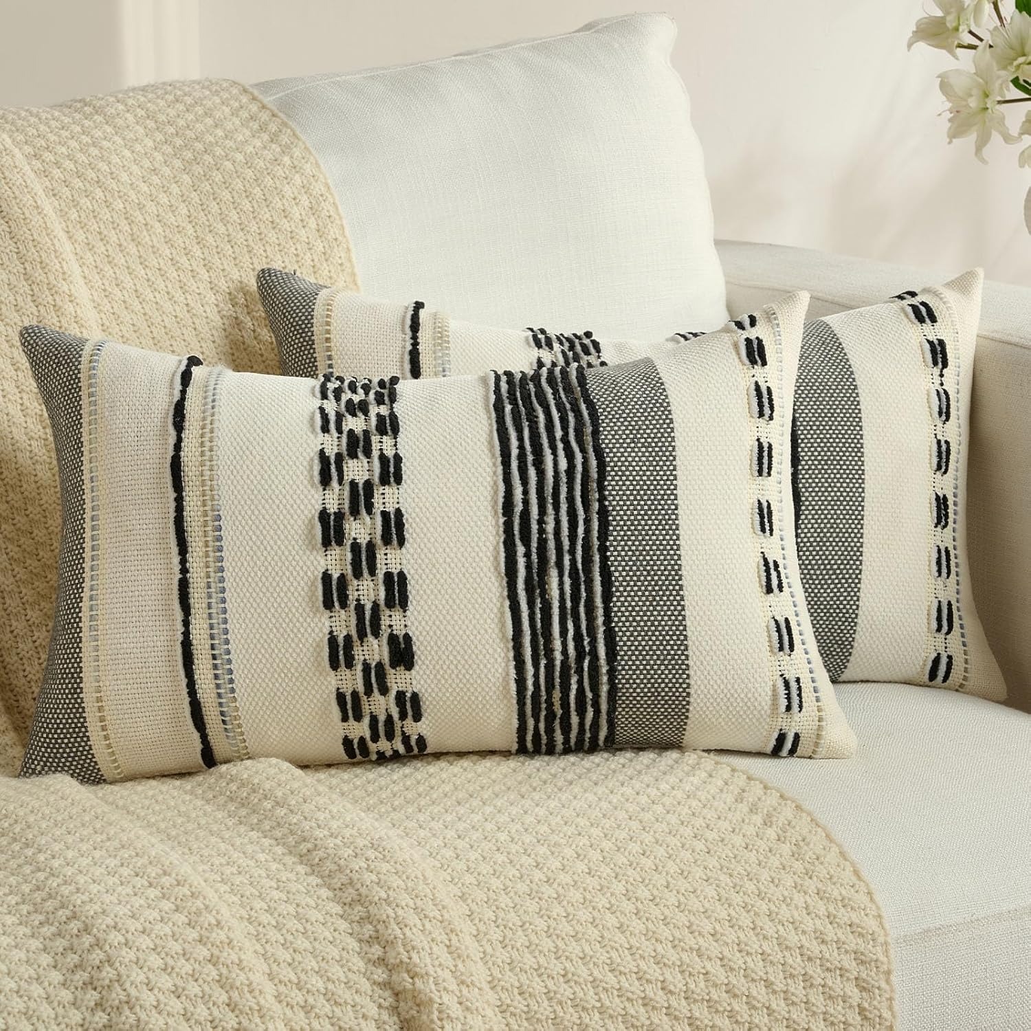 Tufted Boho Beige Throw Pillow Cover — 18" — Black White