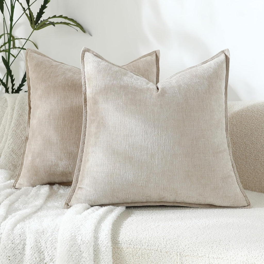 Chenille Beige Throw Pillow Cover — 20" — 16" x 16" (Pack of 2)