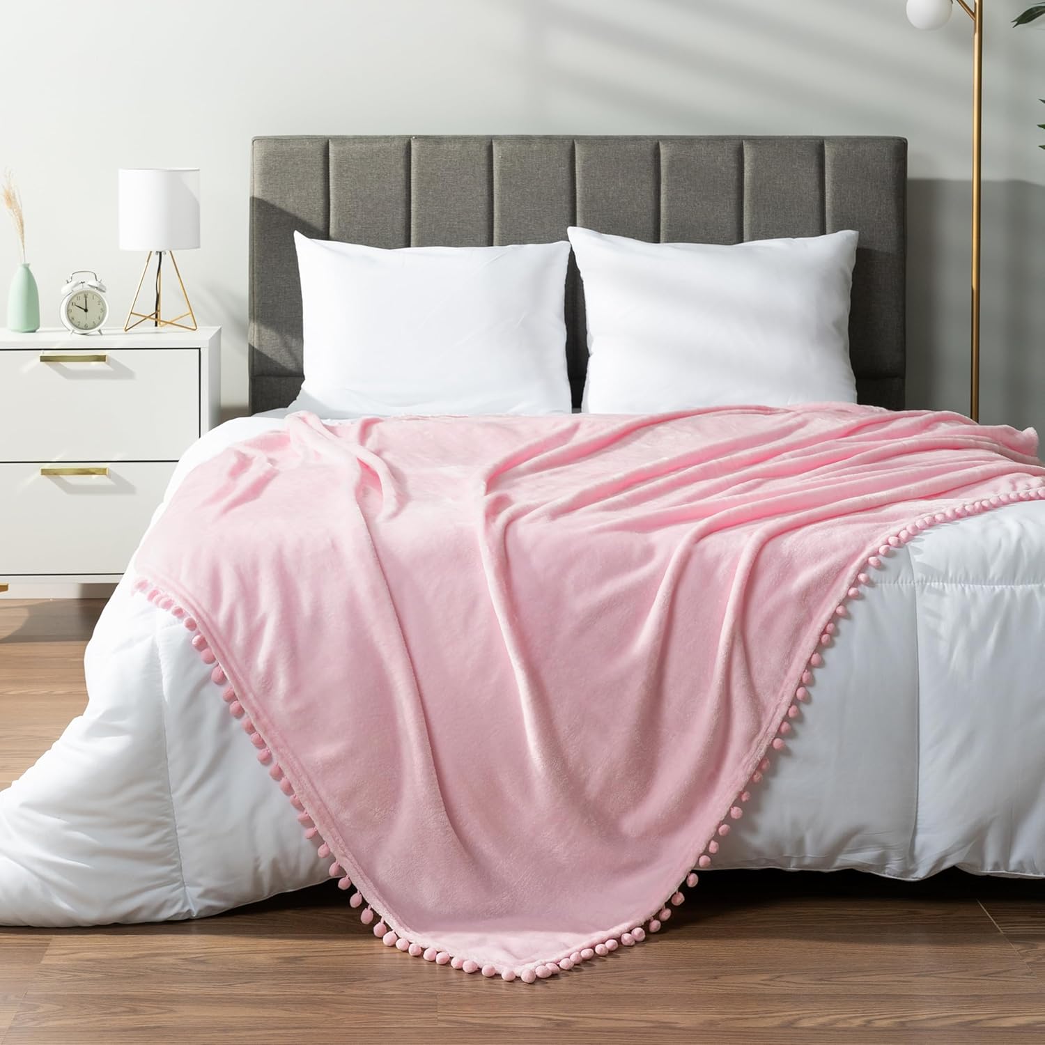 Pom Pom Beige Throw Pillow — 50" — Light Pink