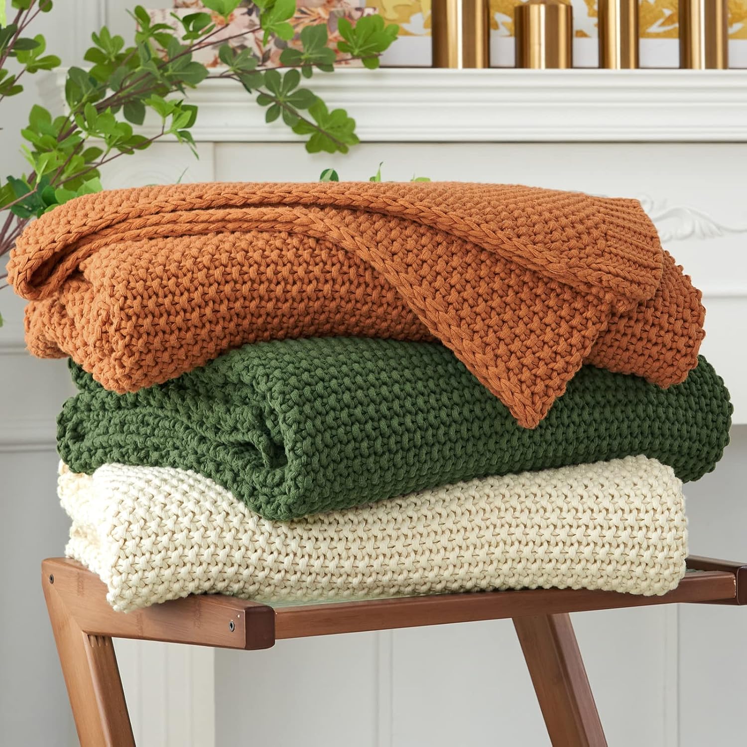 Knit Farmhouse Beige Throw Pillow — 51" — Burnt Orange
