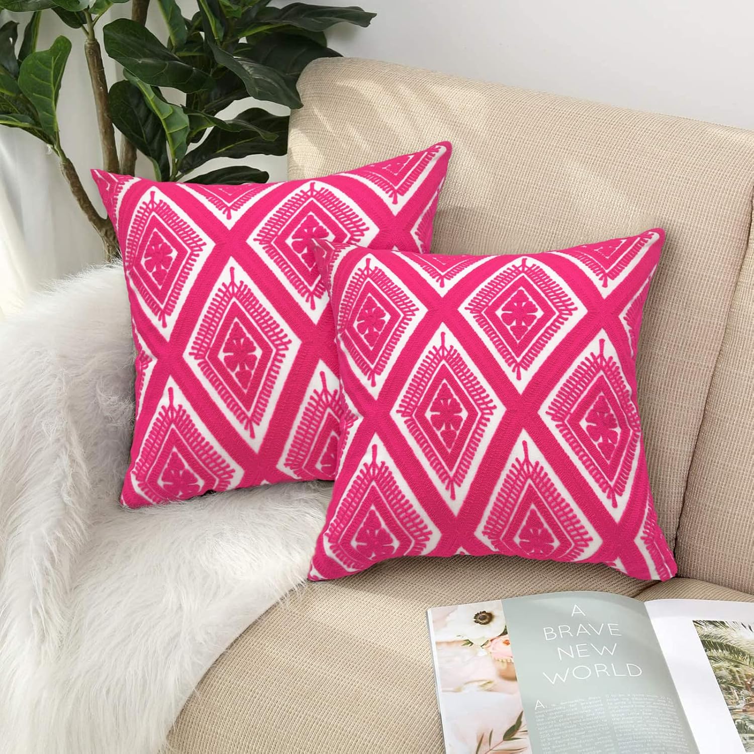 Tufted Boho Beige Throw Pillow Cover — 18" — Diamond - Hot Pink