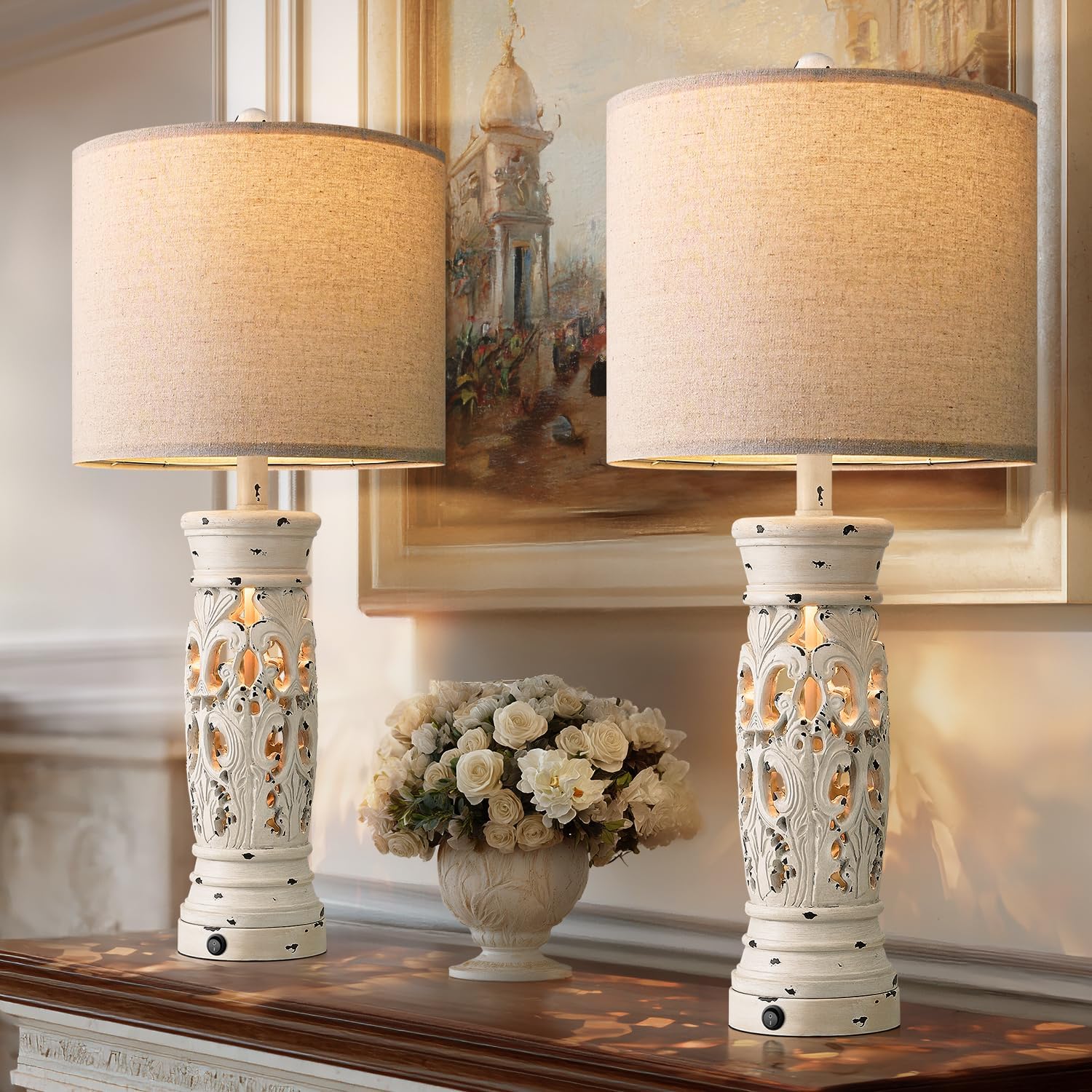USB Farmhouse Gold Bedside Lamp — 27.25" — Antique White