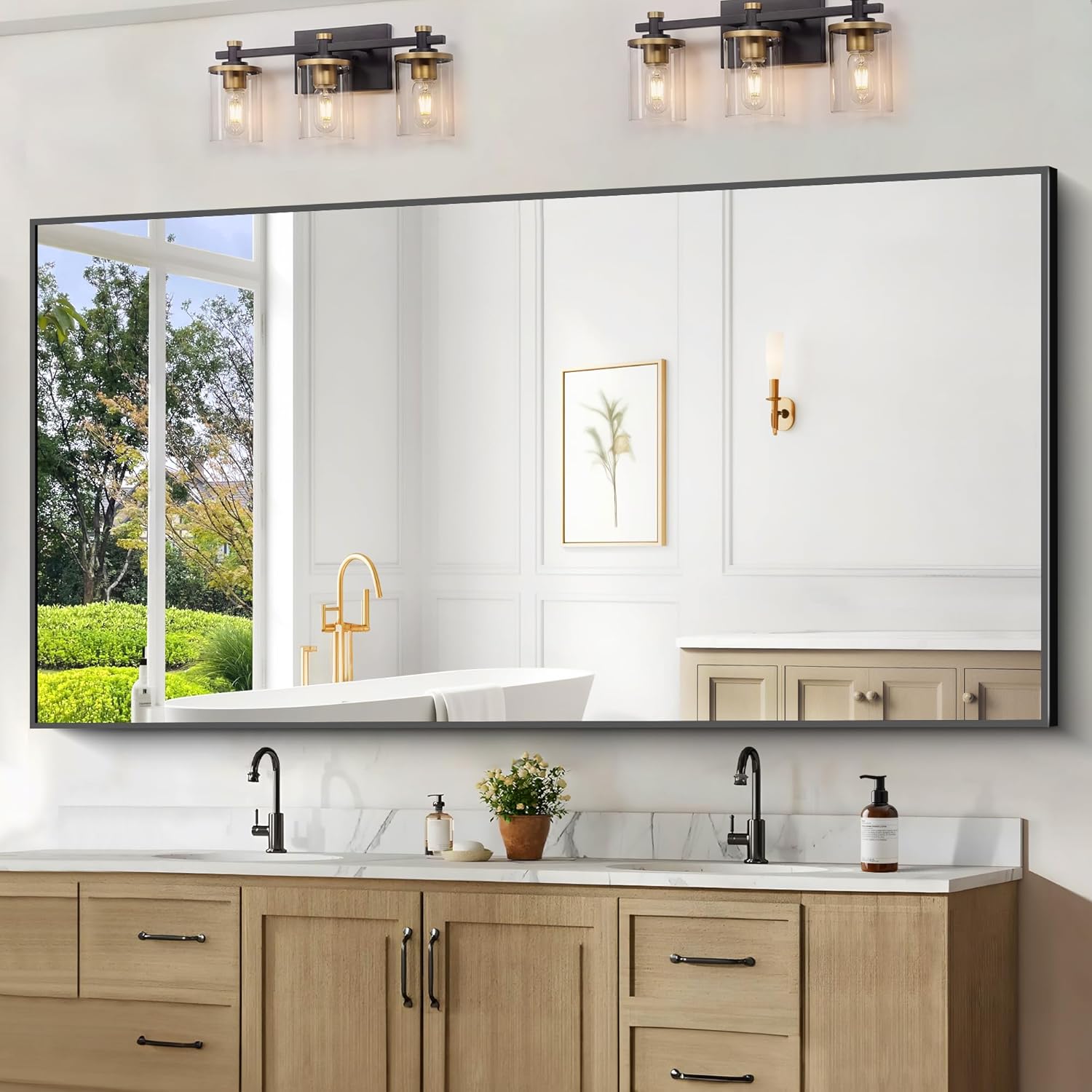 Round Luxe Beige Wall Mirror — 60" — Black Rectangle