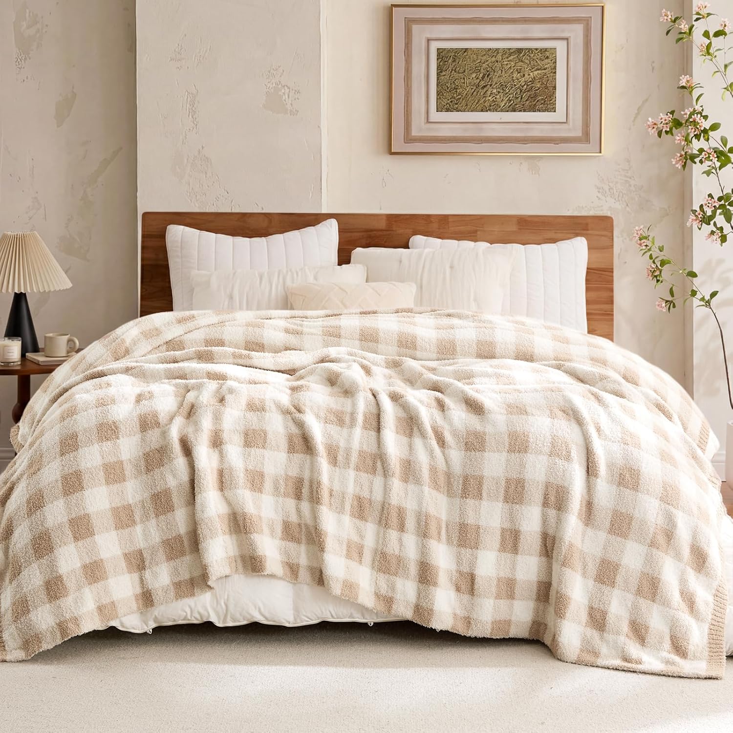 Knit Beige Throw Pillow — 50" — Plaid Beige