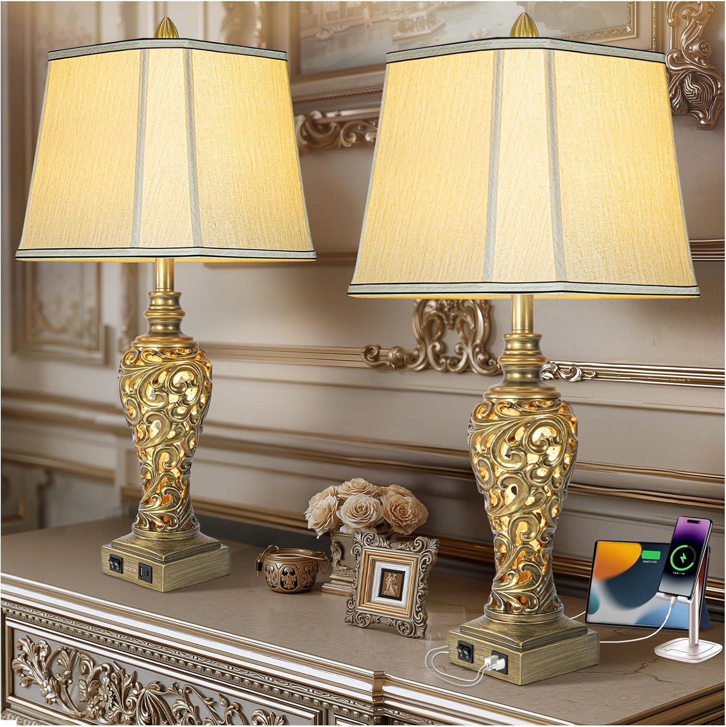 USB Beige Bedside Lamp — 28.5" — Antique Brass-Set of 2