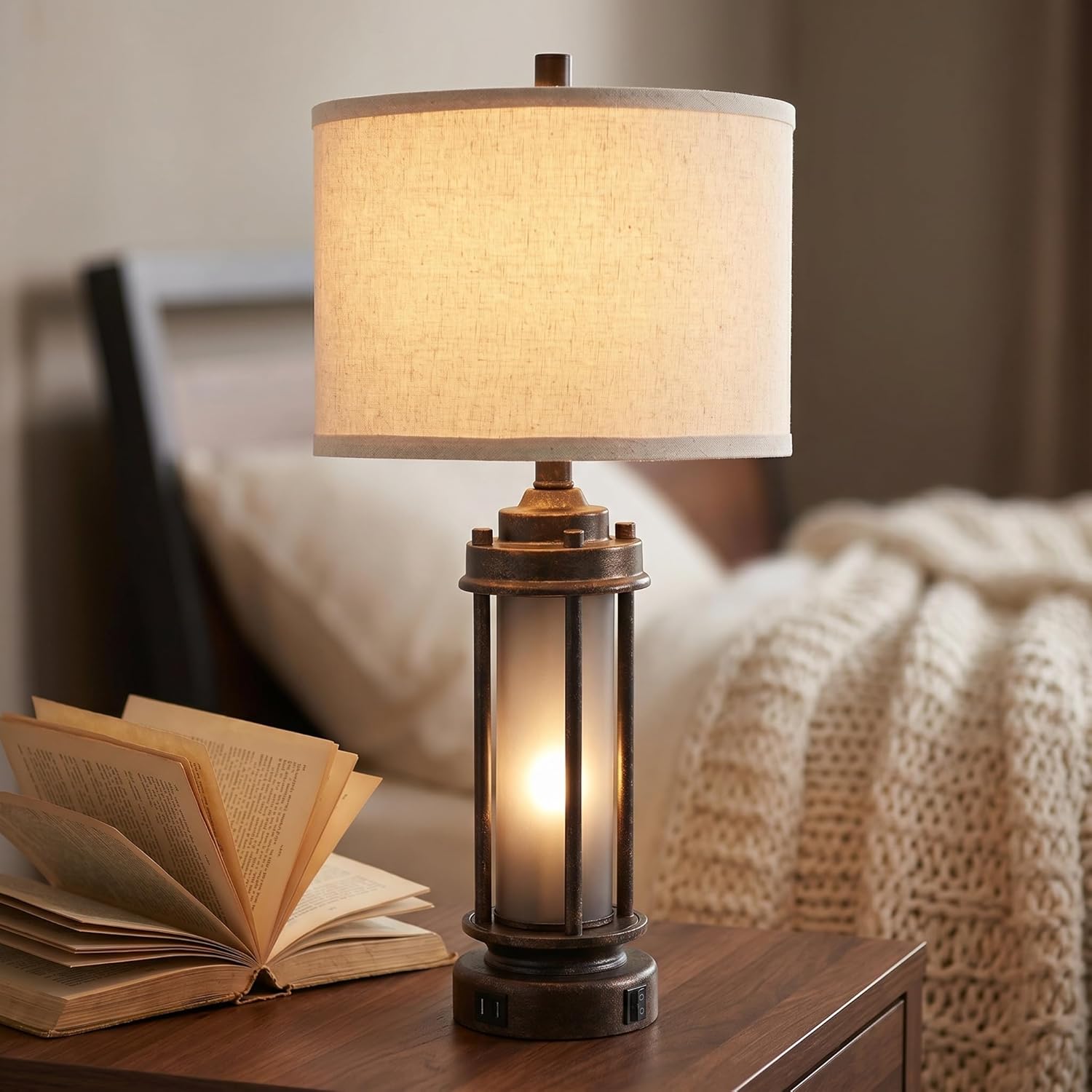 USB Charging Farmhouse Black Table Lamp — Set of 2 — 1 Pack-Bronze