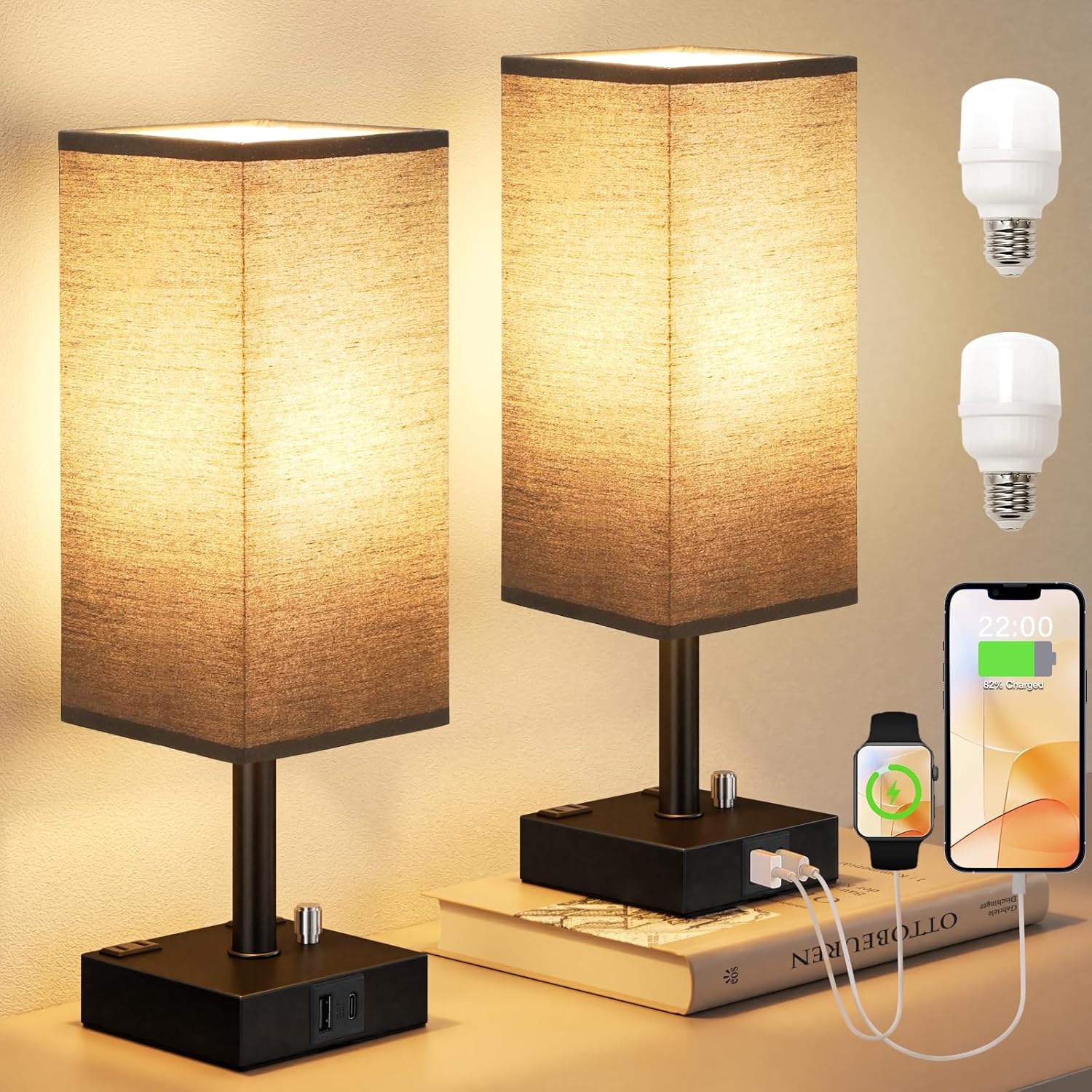 Dimmable Beige Bedside Lamp — Set of 2 — Black