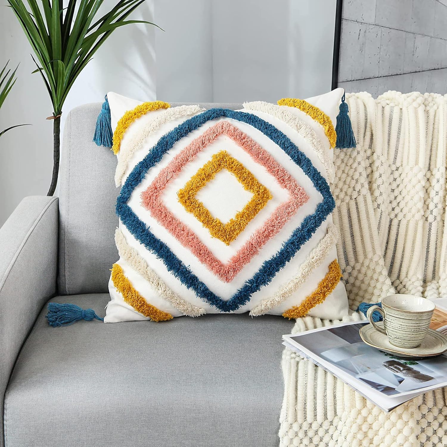 Tufted Boho Blue Throw Pillow Cover — 18" — Blue