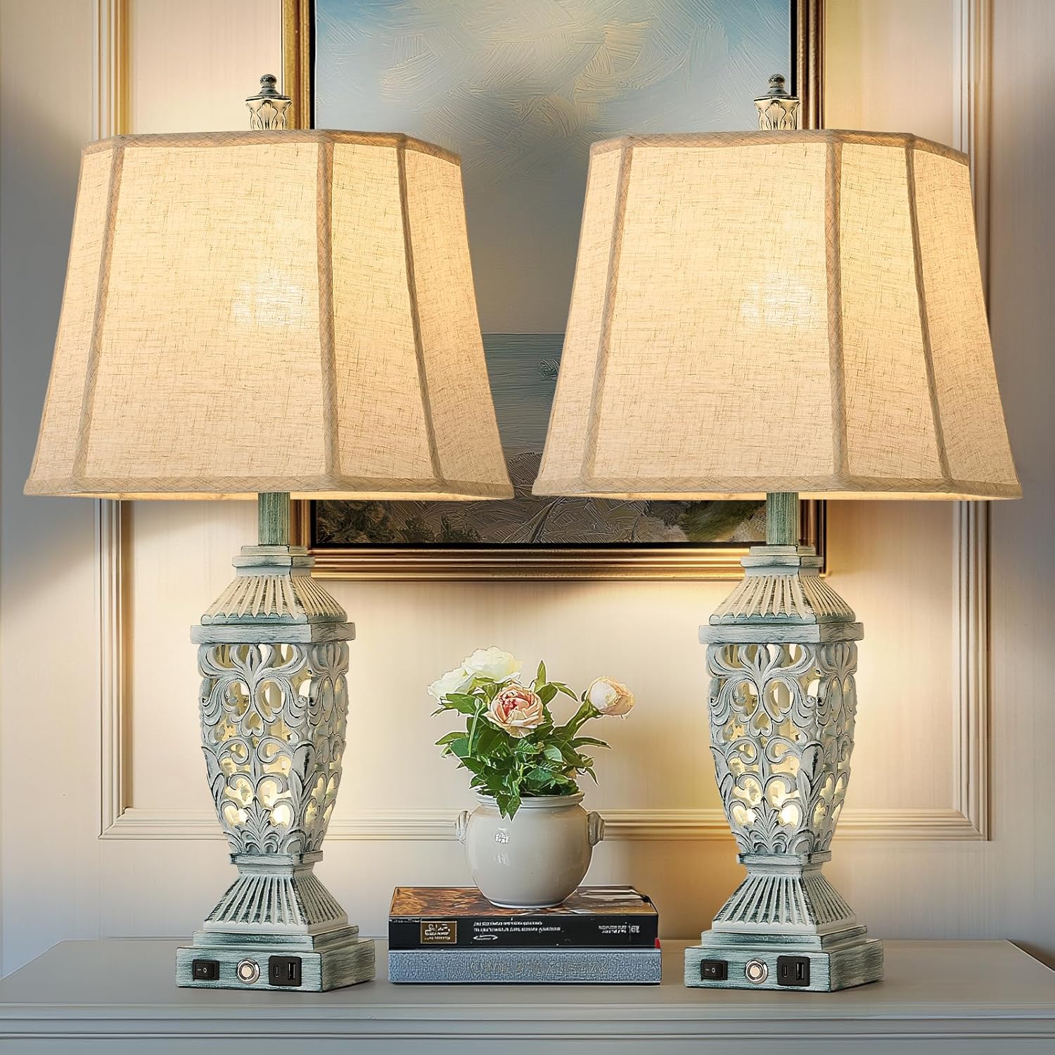 Dimmable Beige Desk Lamp — 29.5" — White Wash with Green Brush-2
