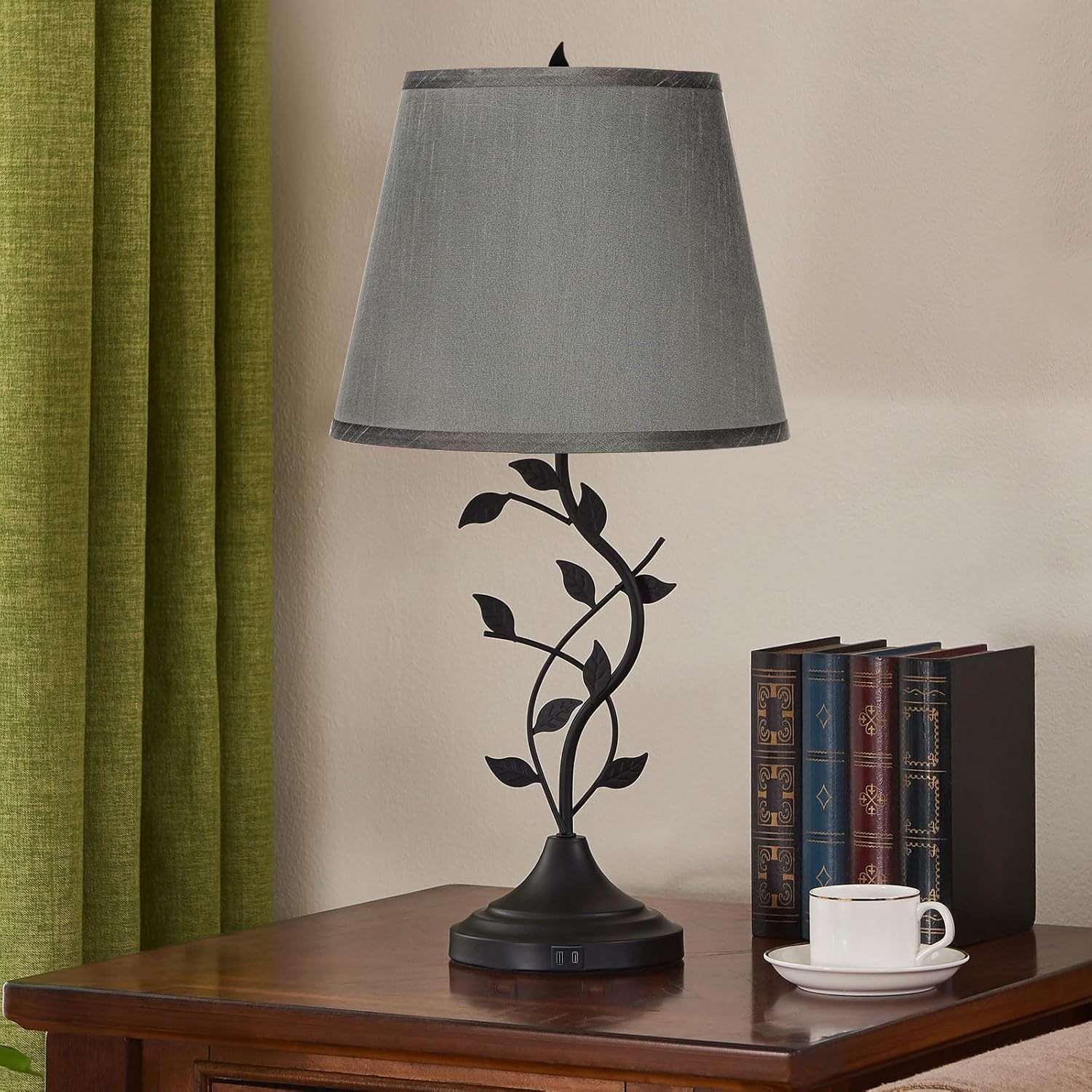 USB Beige Table Lamp — 2-Grey Shade & Black Base