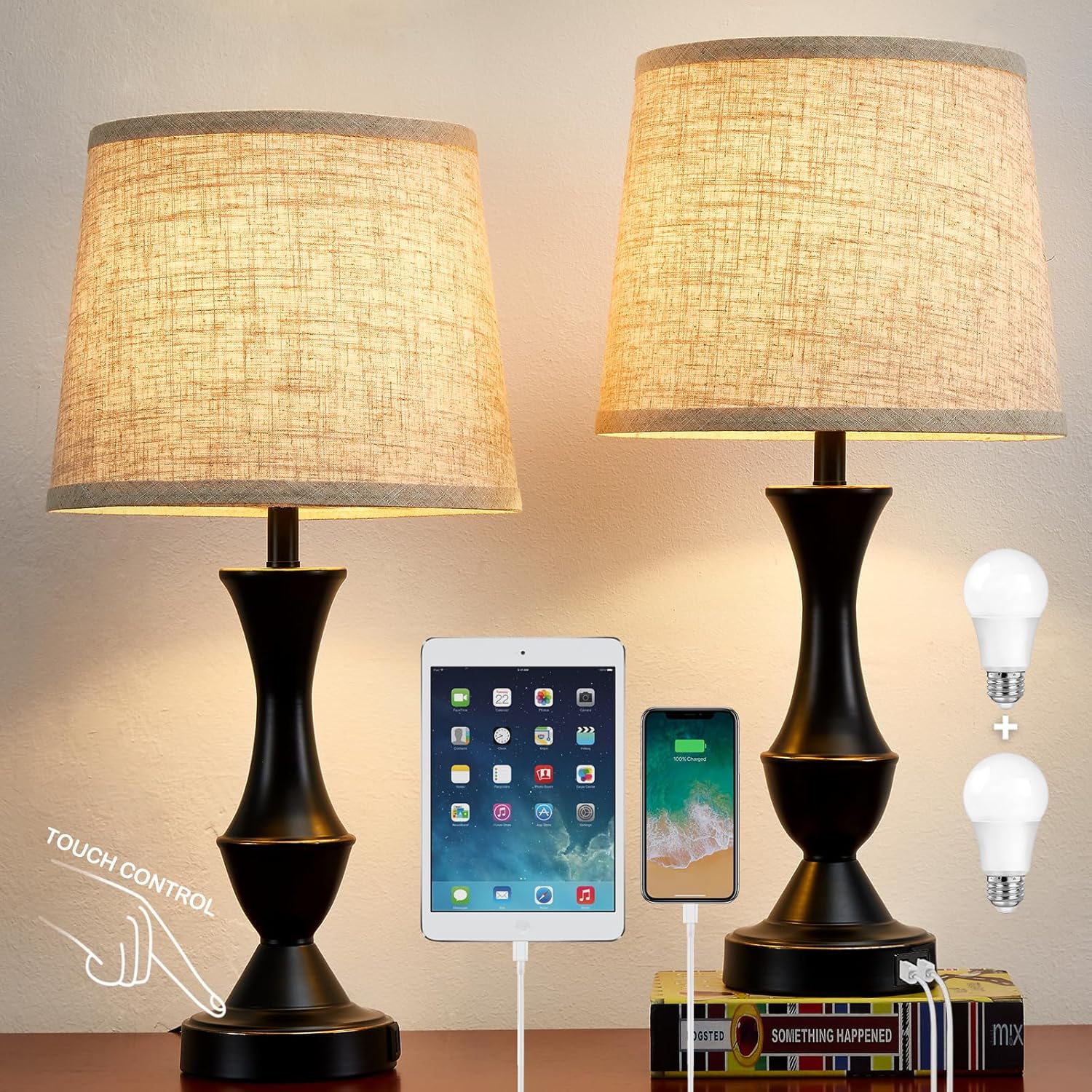 Dimmable Luxe Beige Bedside Lamp — 22" — Black, Beige