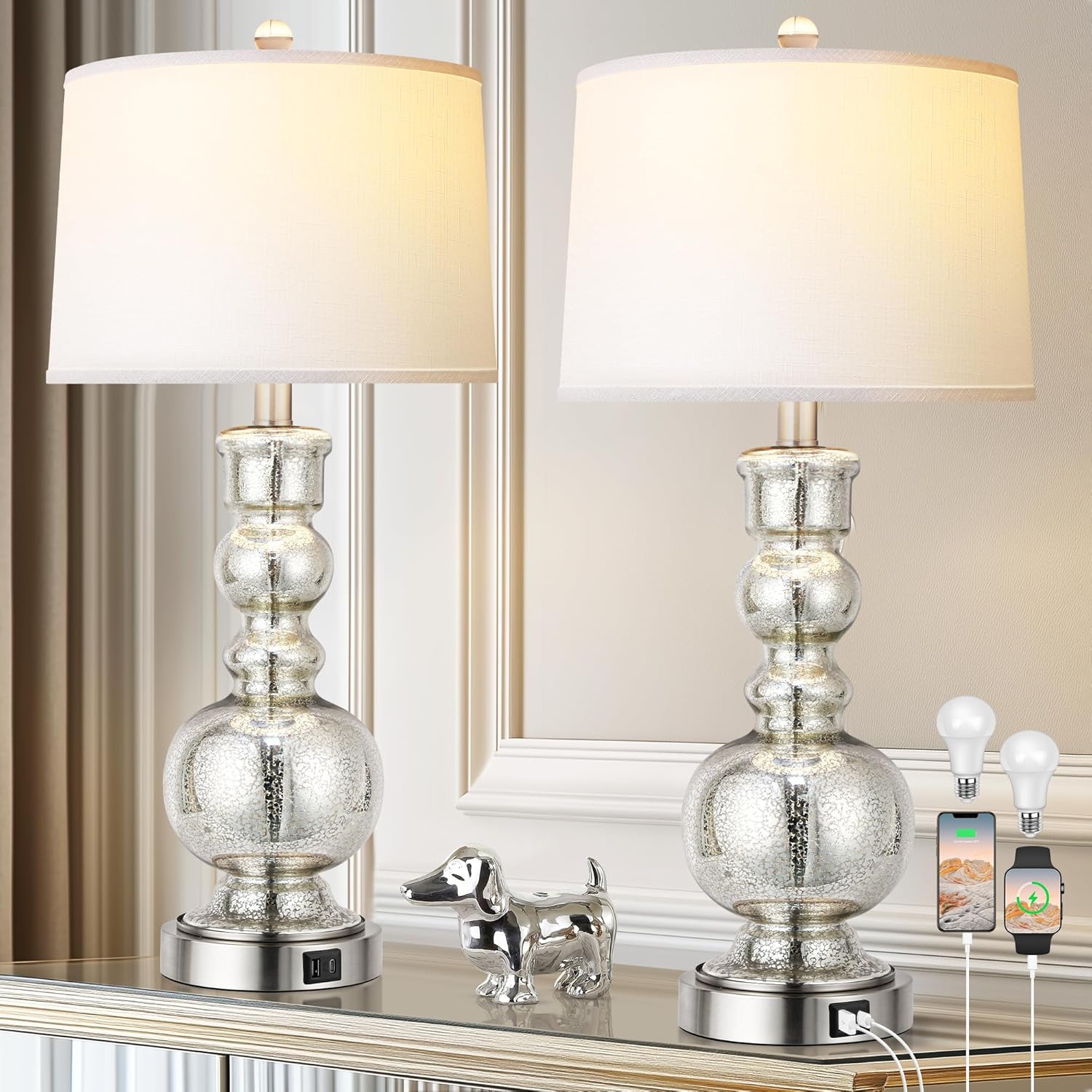 Dimmable Modern Grey Table Lamp — Set of 2 — Mercury Silver