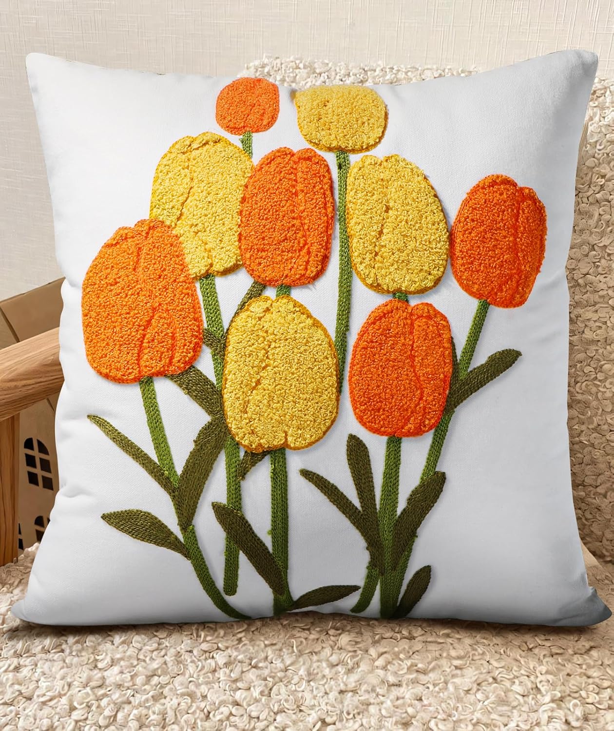 Embroidered Boho Beige Throw Pillow Cover — 18" — Yellow
