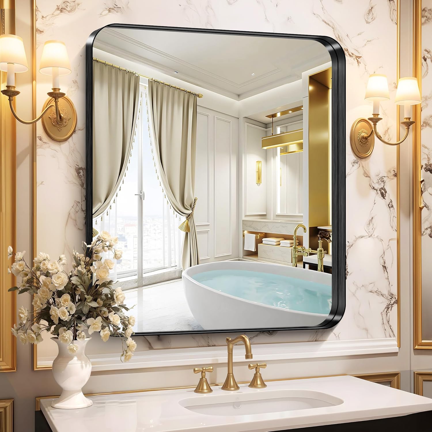 Rectangular Luxe Black Mirror — 30" — Rounded Corner Black