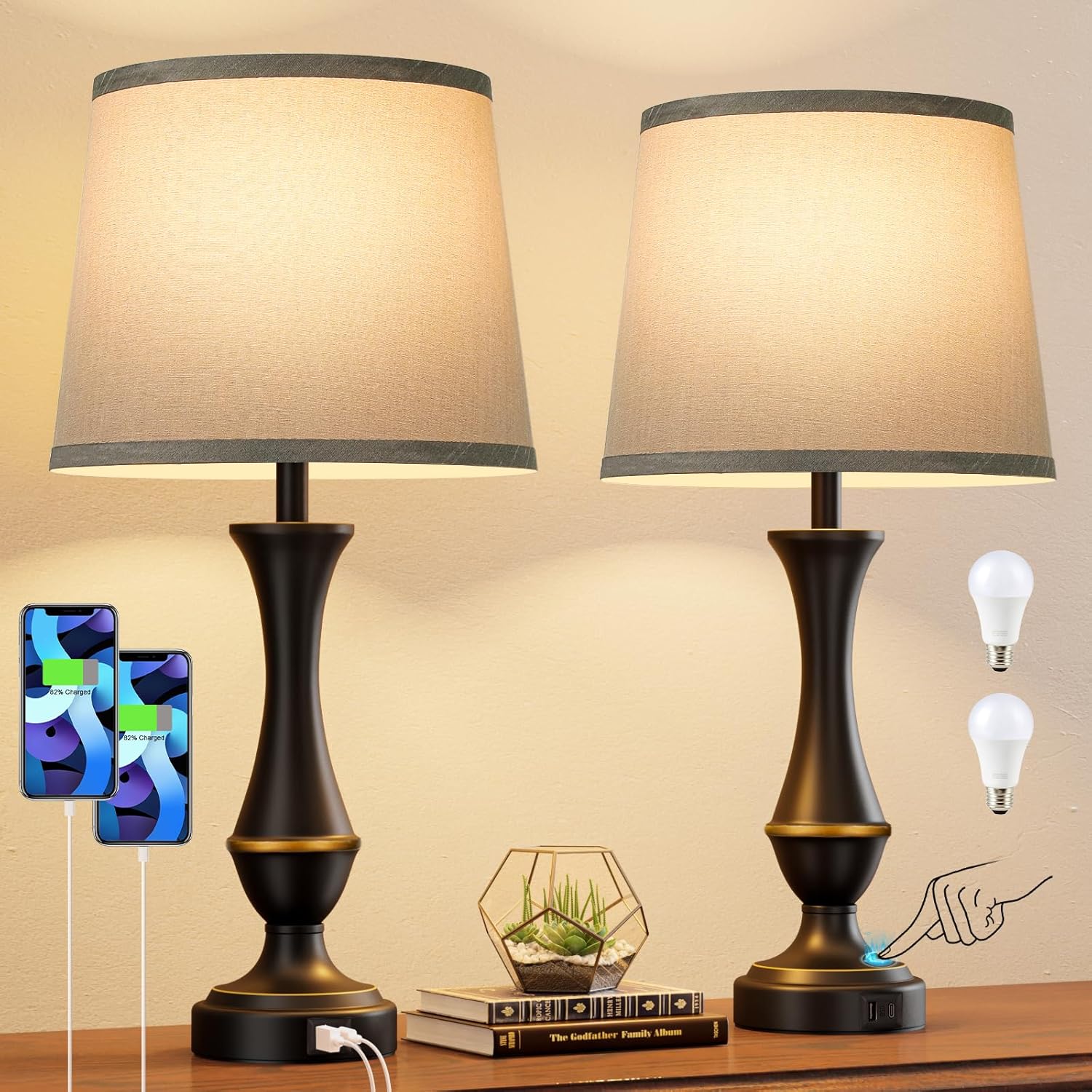 Dimmable Beige Bedside Lamp — Set of 2 — C. Grey Shade & Black Base