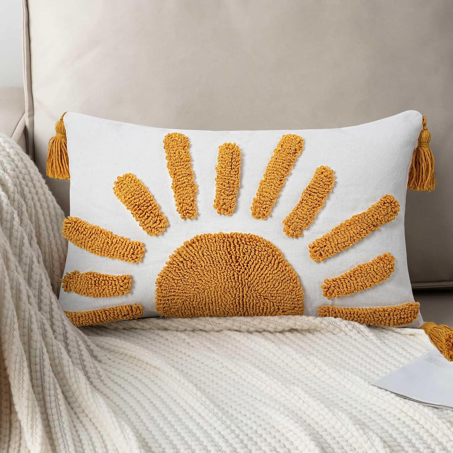 Tufted Boho Beige Throw Pillow Cover — 20" — Yellow and White-e