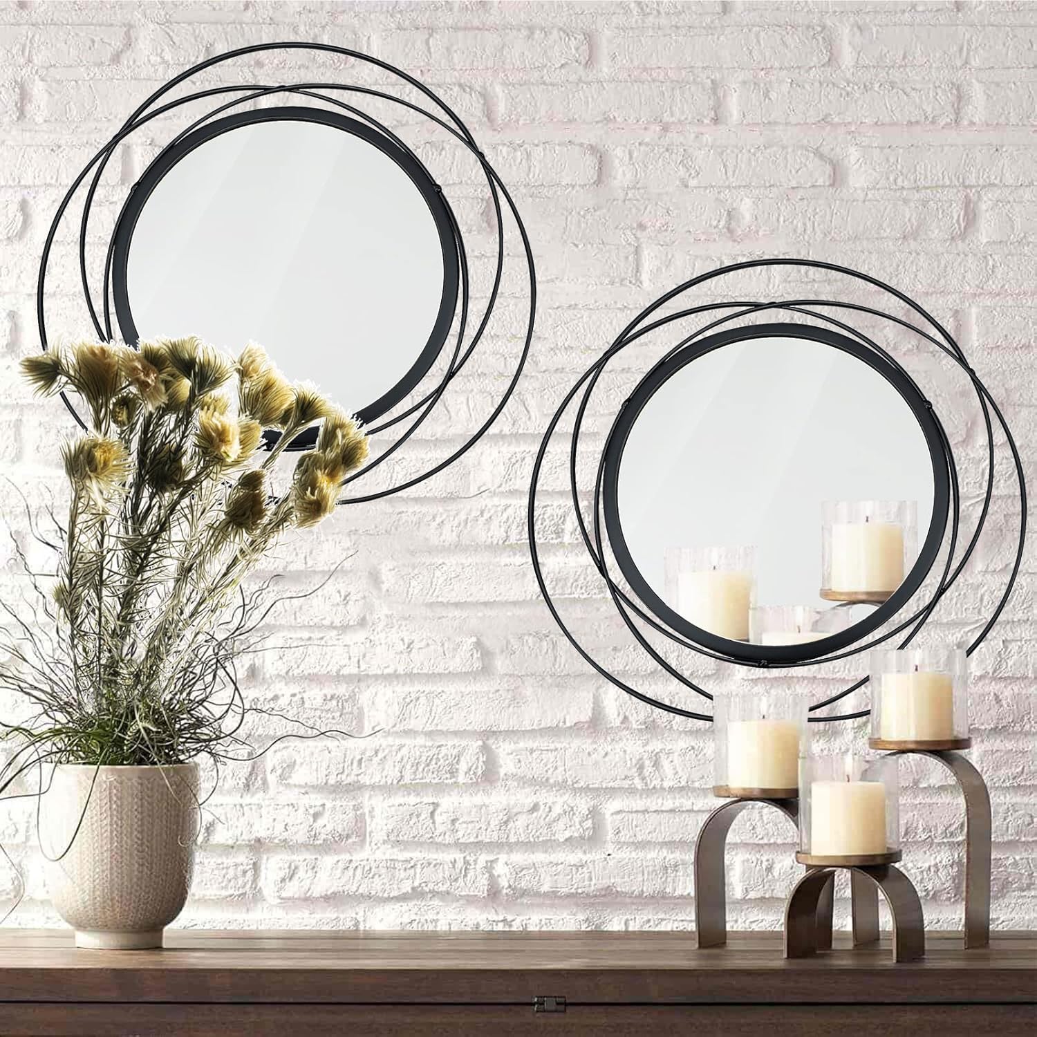 Boho Black Round Mirror — 2 Set Circle Wires（15.7''each）-black