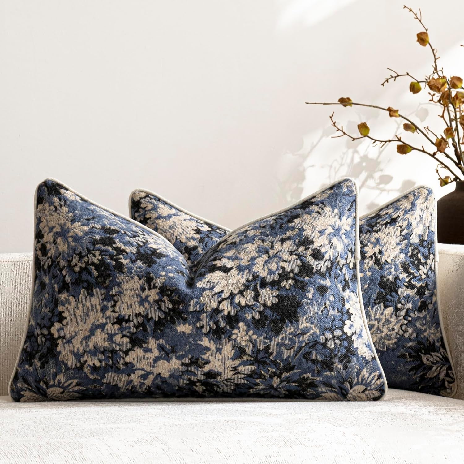 Chenille Boho Beige Throw Pillow — 26" — Dusty Blue