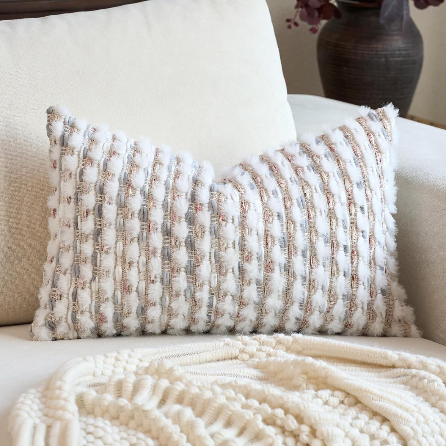 Tufted Boho Blue Throw Pillow Cover — 18" — Grey White