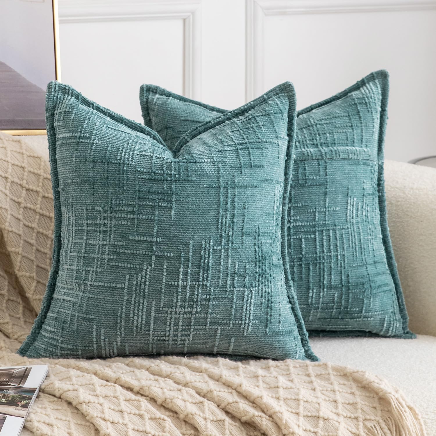 Chenille Boho Beige Throw Pillow Cover — 18" — Teal