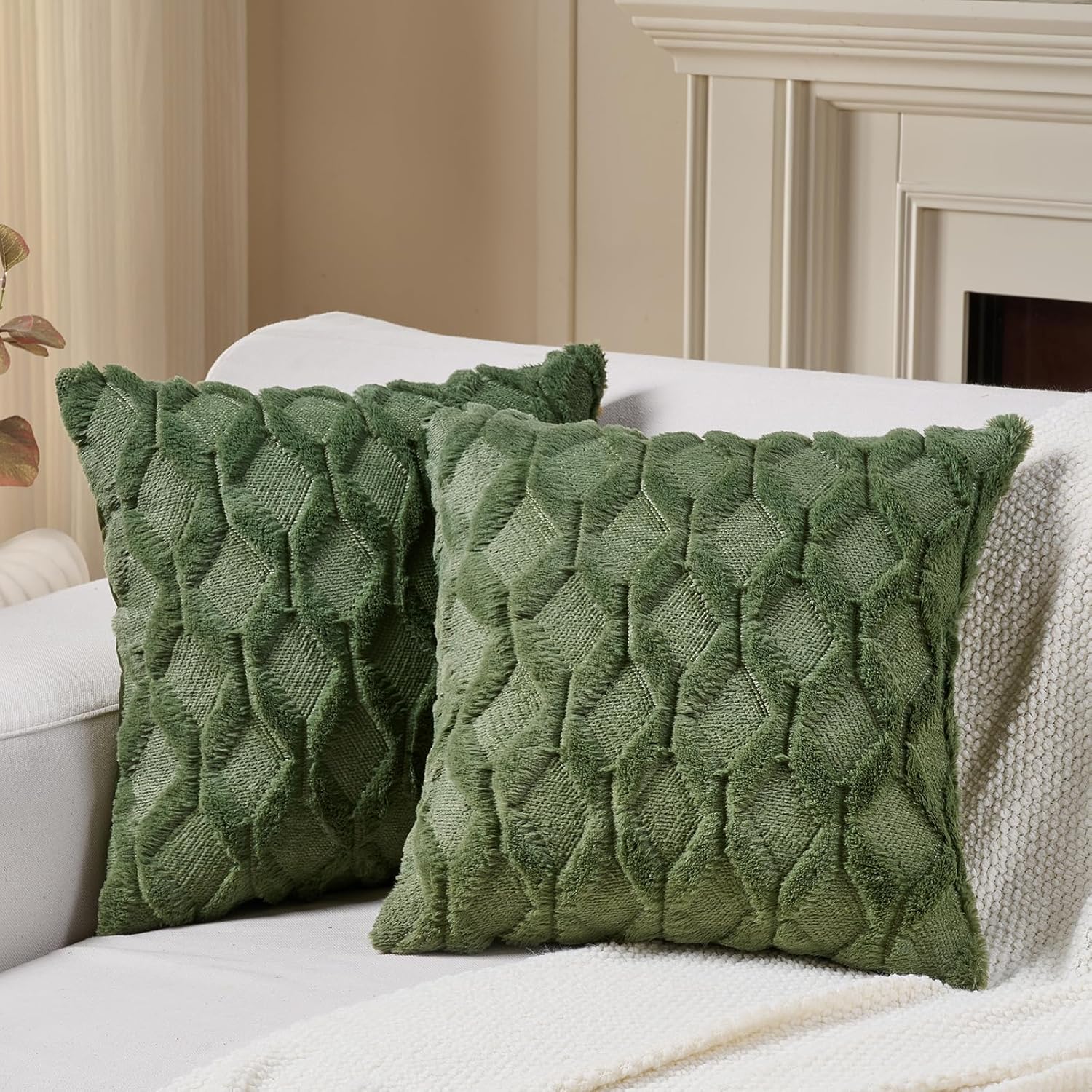 Velvet Boho Beige Throw Pillow Cover — 20" — Olive Green