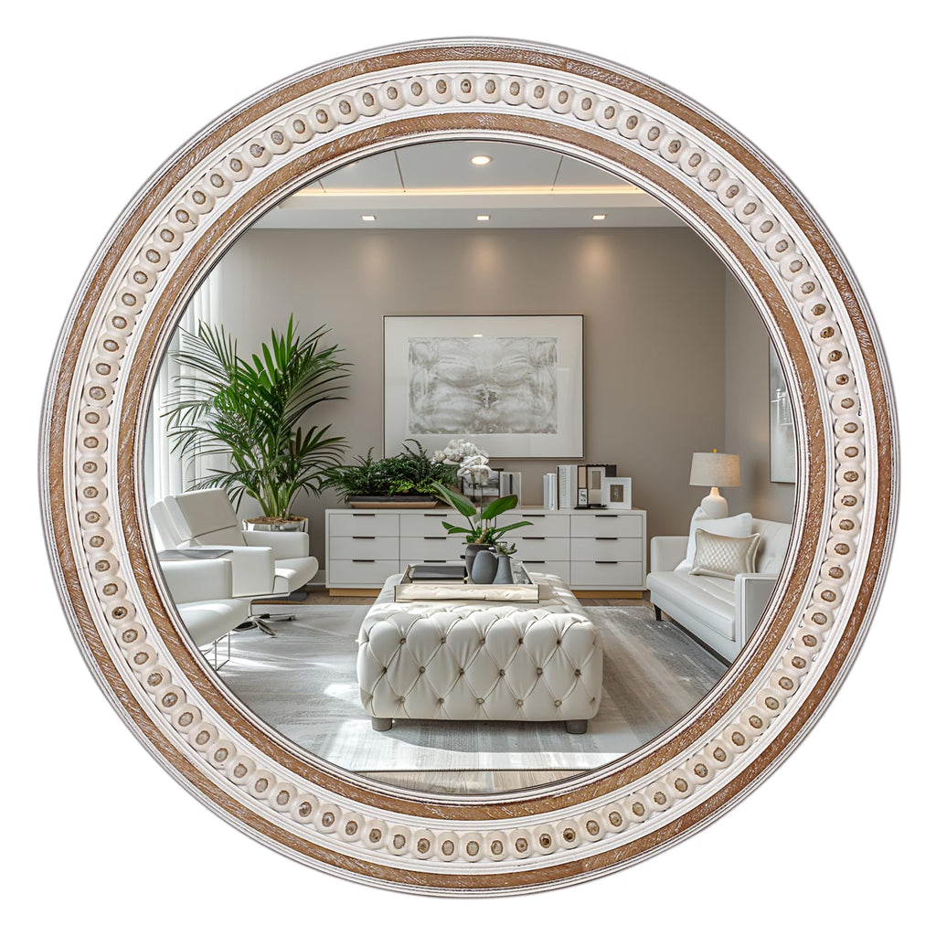 Round Farmhouse Wood Wall Mirror — 24"