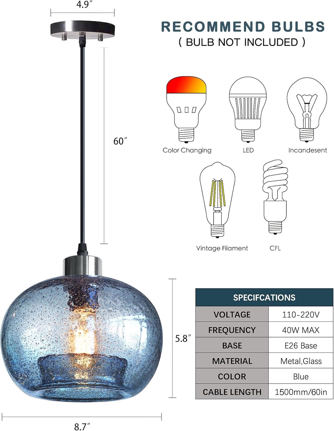 Farmhouse Blue Pendant Light — 7" - View 6