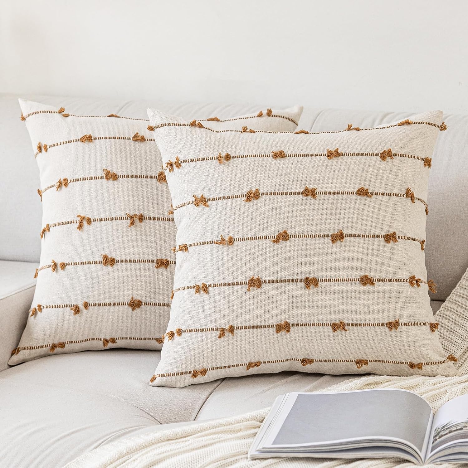 Tufted Boho Beige Throw Pillow Cover — 18" — Beige and Brown