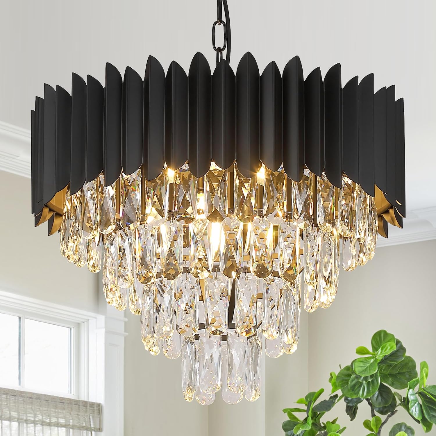 Round Luxe Black Chandelier — 30" — Black & clear crystals