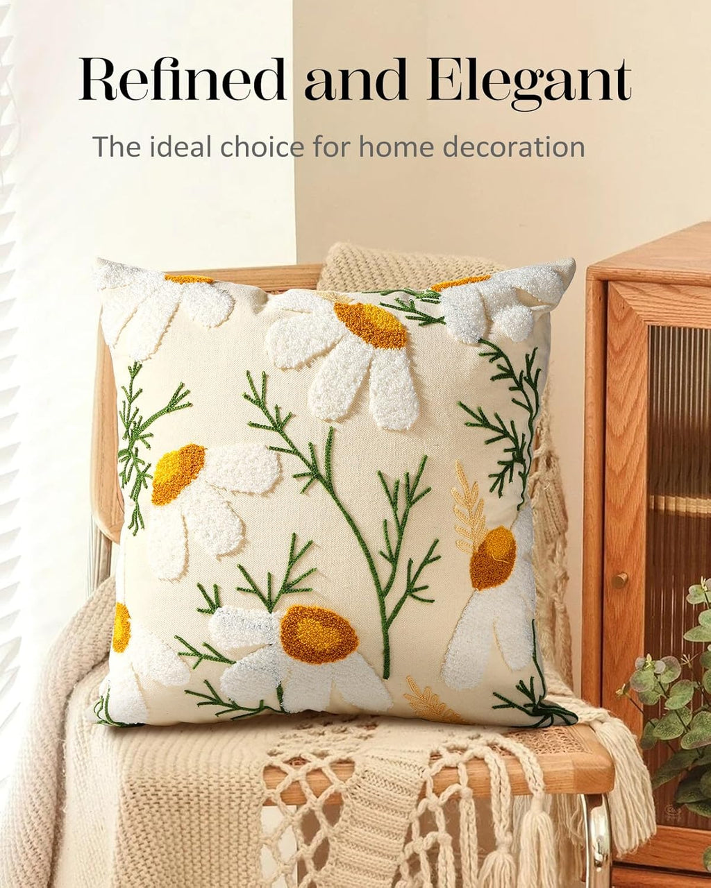 Embroidered Boho Beige Throw Pillow Cover — 18" - View 5