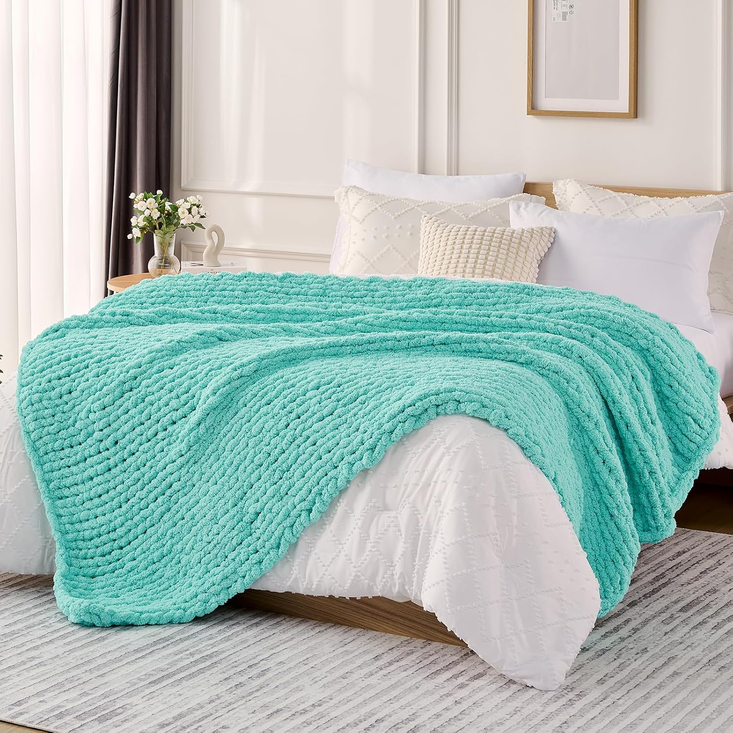 Knit Beige Throw Pillow — 50" — Lake Blue