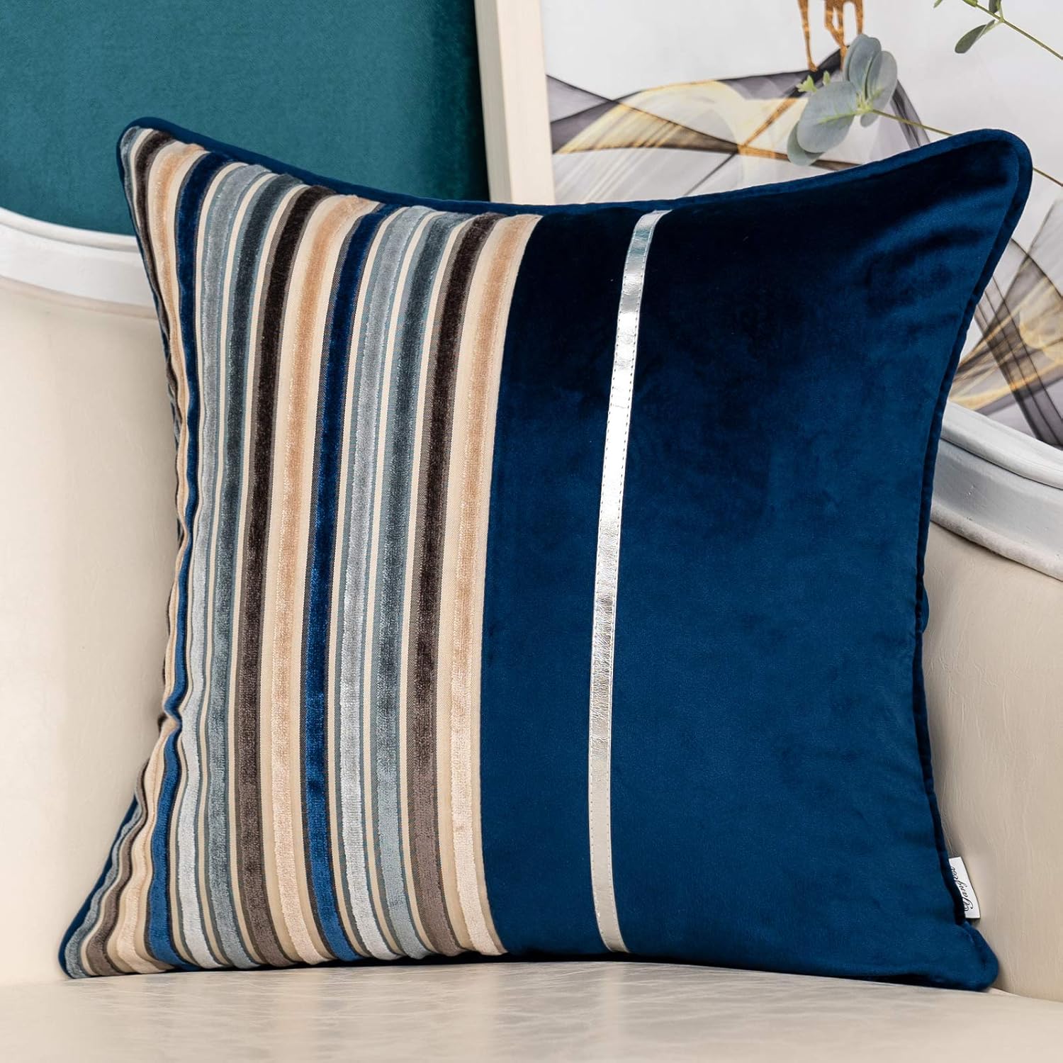 Velvet Boho Beige Throw Pillow Cover — 20" — Blue Patchwork