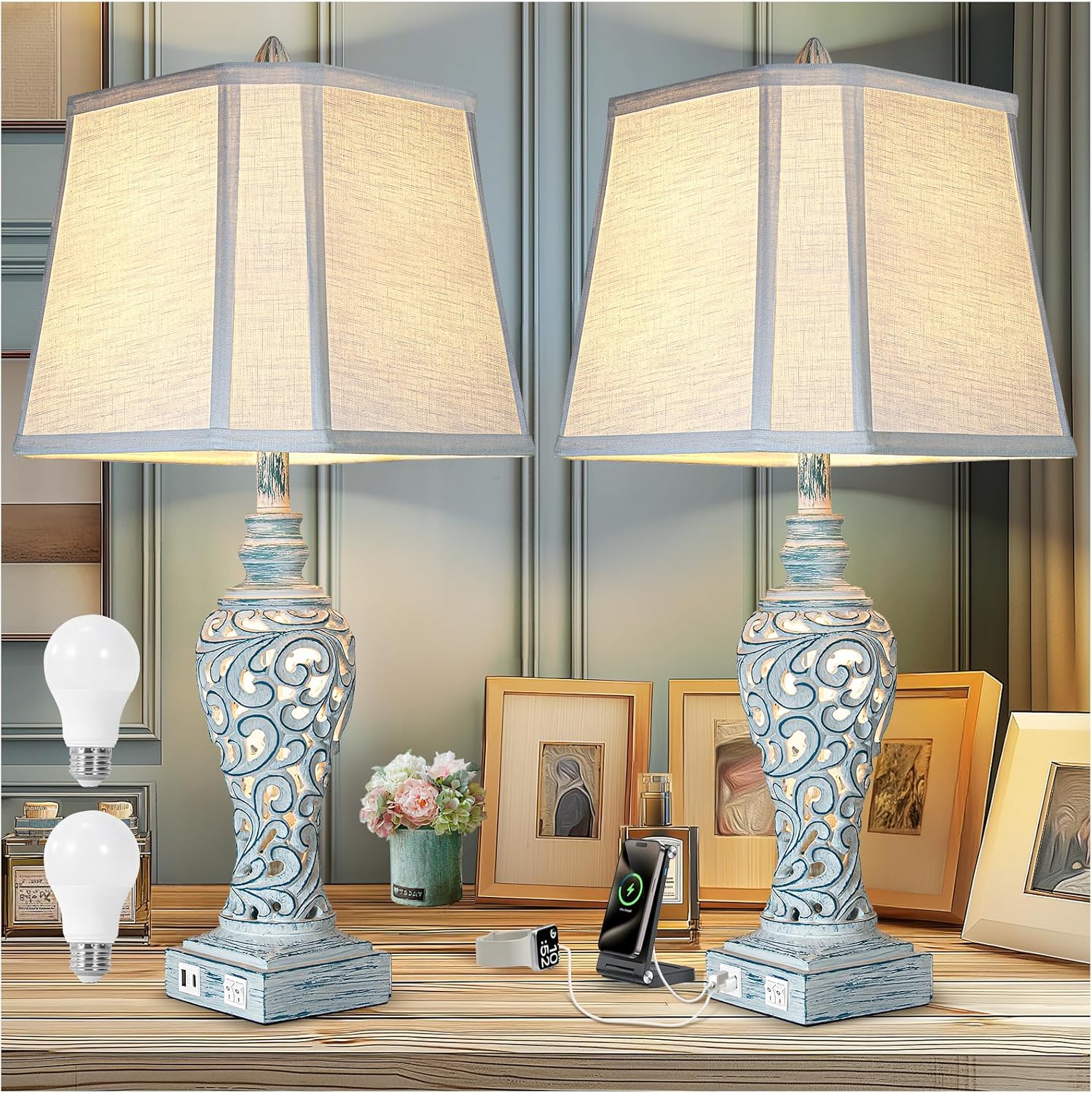 USB Beige Bedside Lamp — 28.5" — Wash Blue