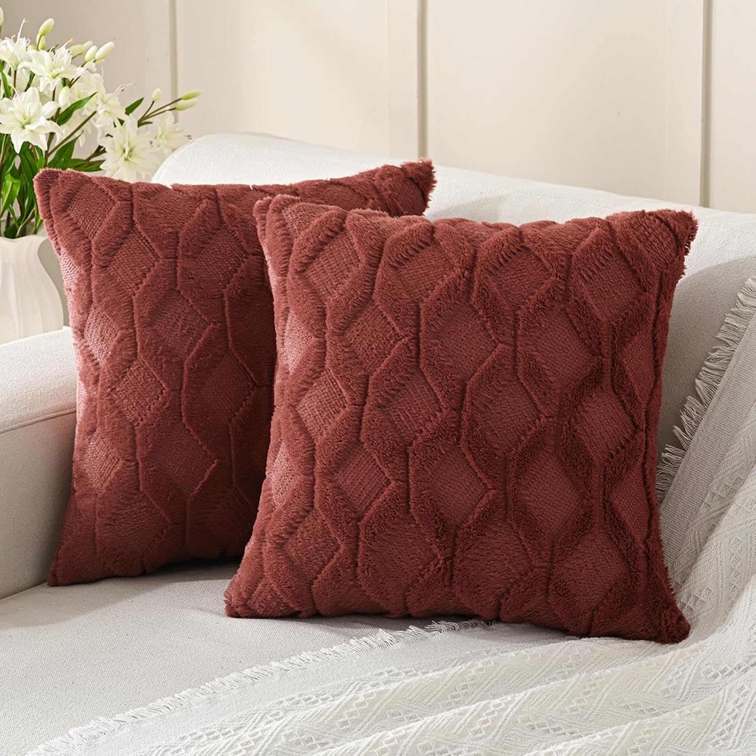 Velvet Boho Beige Throw Pillow Cover — 20" — Rust Red