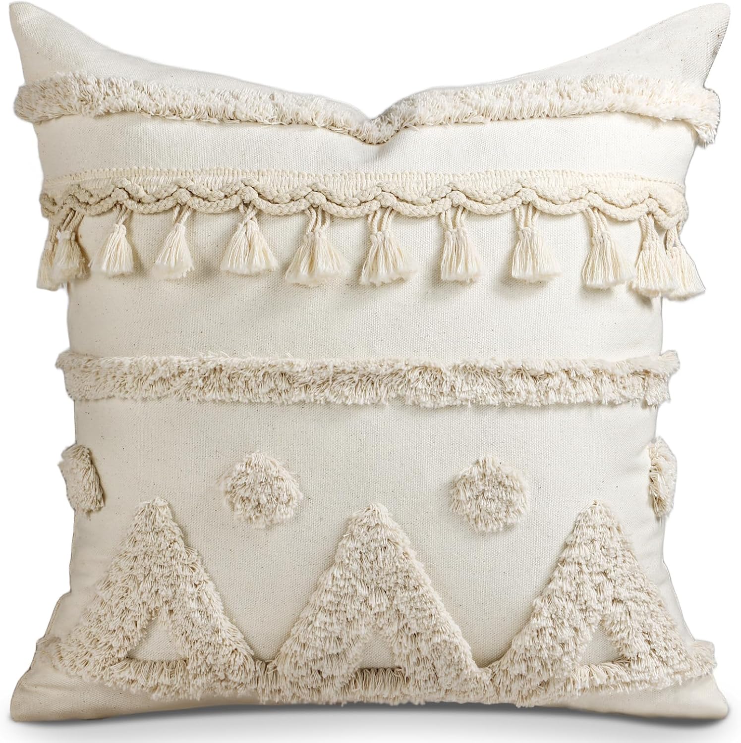 Tufted Boho Beige Throw Pillow Cover — 18" — Cream Tassel