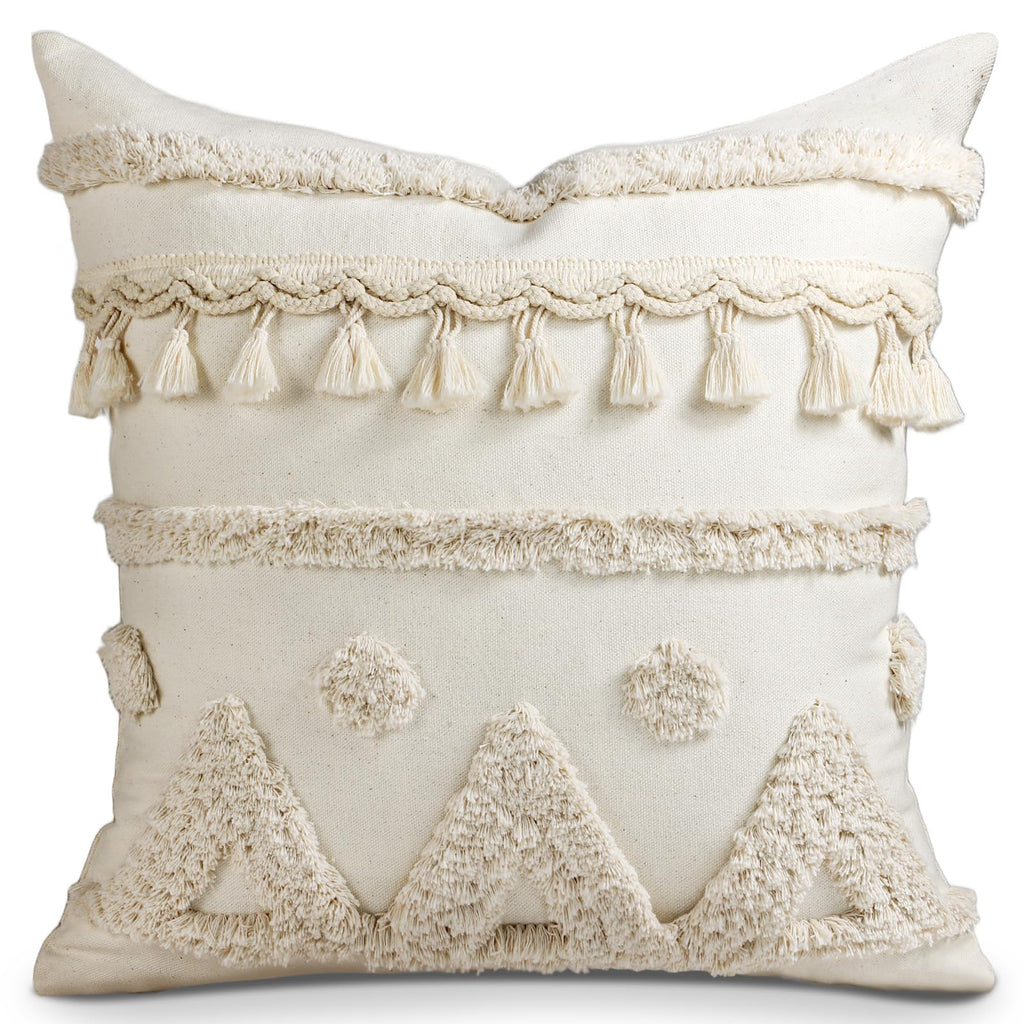 Tufted Boho Beige Throw Pillow Cover — 18"