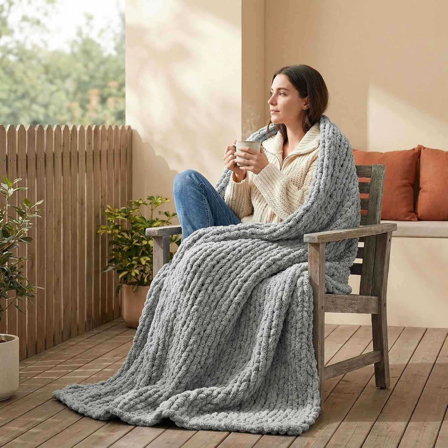Knit Beige Throw Pillow — 50" — Light Grey