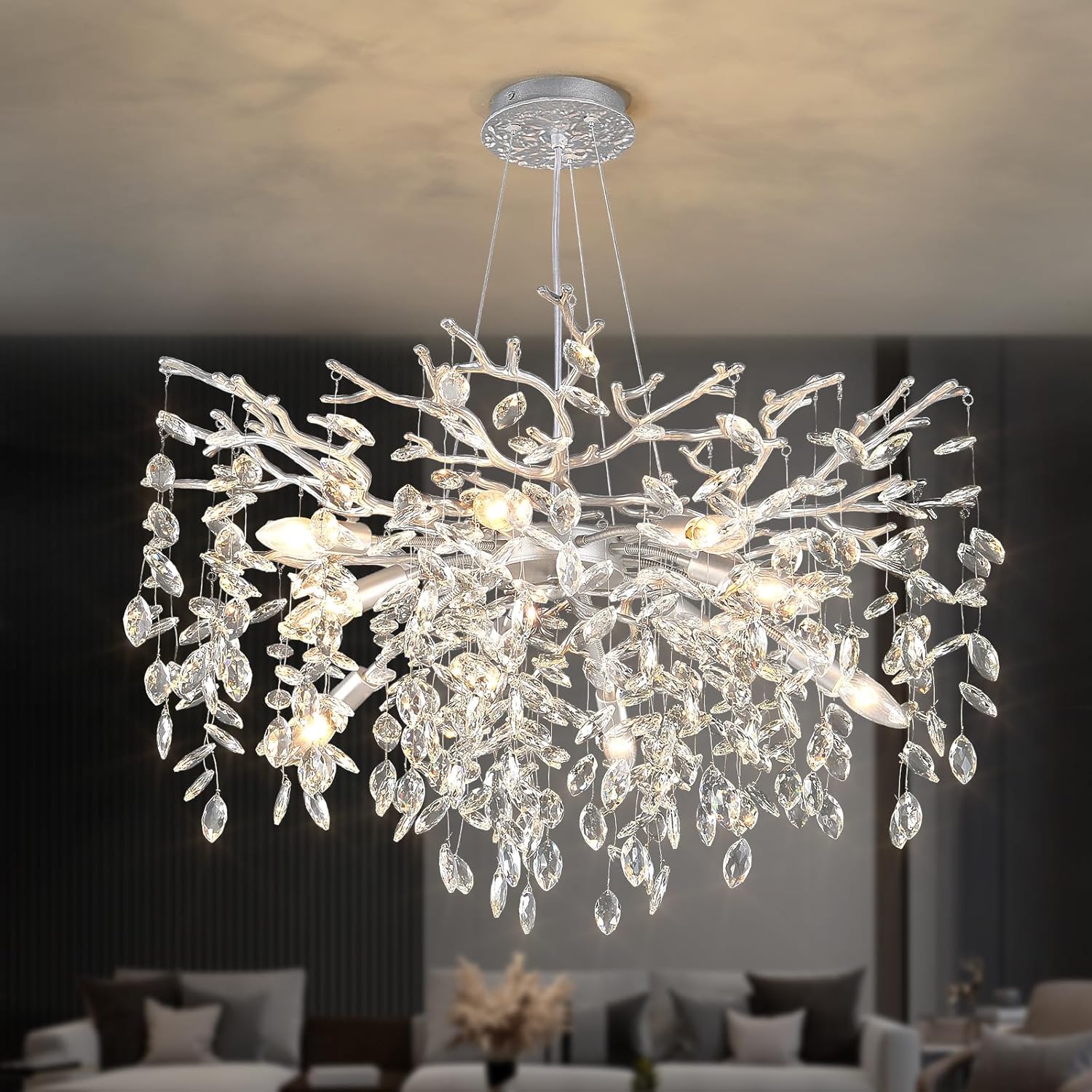 Round Luxe Black Chandelier — 10-Light — Silver