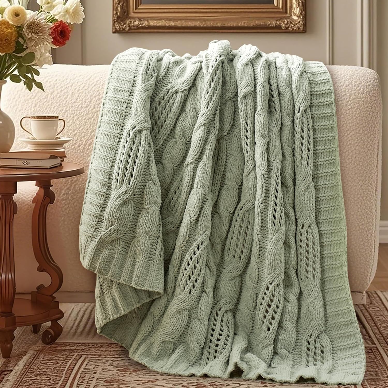 Knit Farmhouse Beige Throw Pillow — 50" — Sage Green
