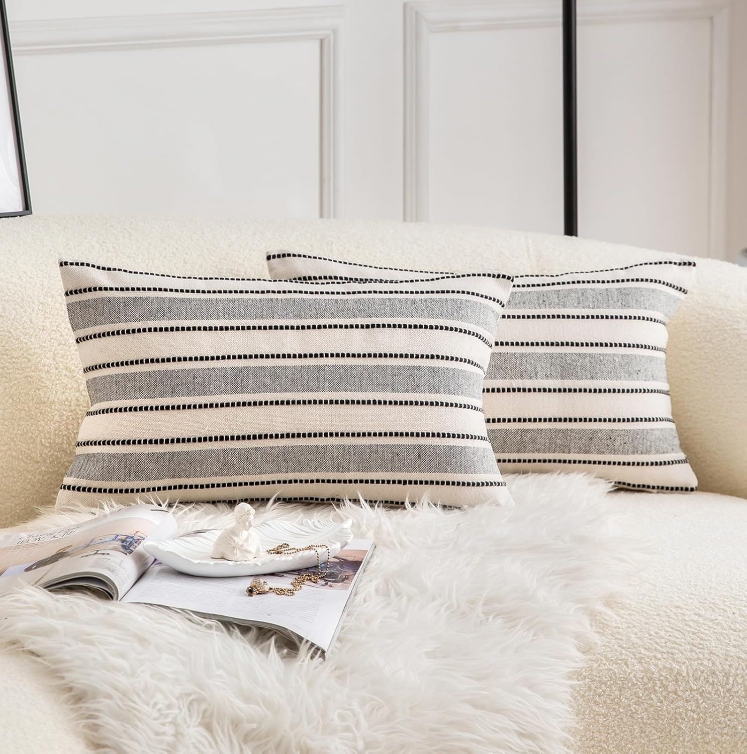 Boho Beige Throw Pillow Cover — 18" — Black