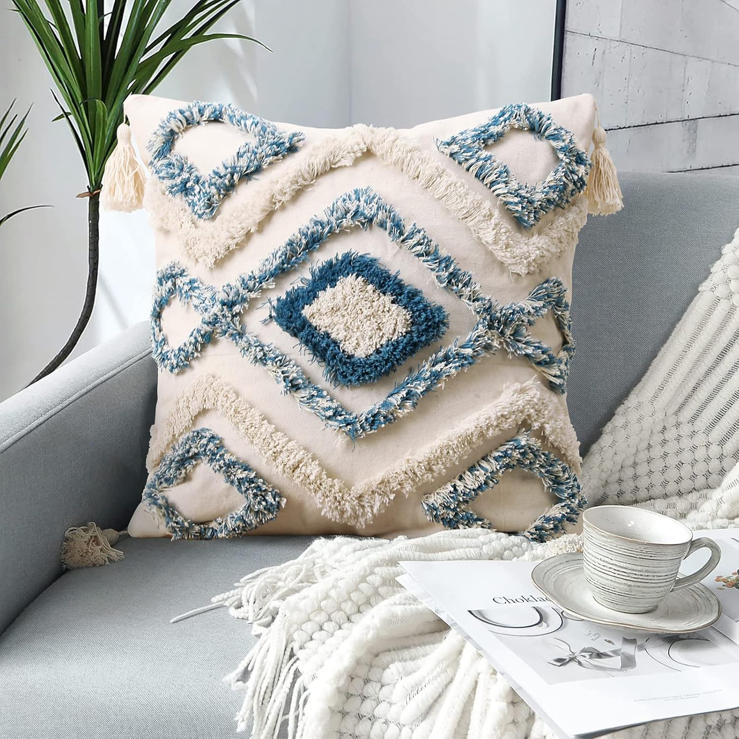 Tufted Boho Blue Throw Pillow Cover — 18" — Blue03