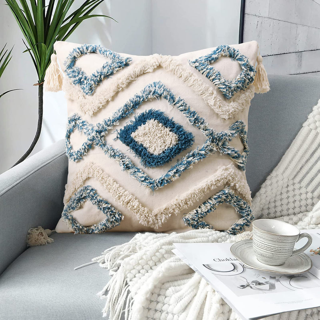 Tufted Boho Blue Throw Pillow Cover — 18"