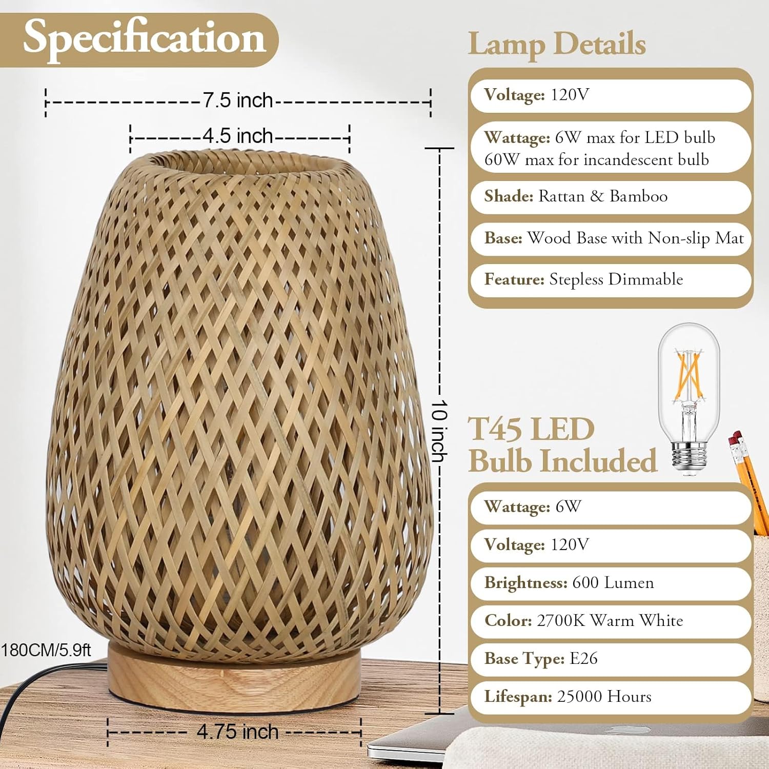 Dimmable Boho Wood Table Lamp - View 6