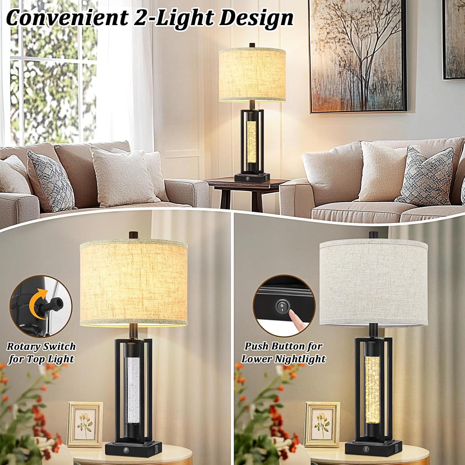 USB Farmhouse Black Bedside Lamp — Set of 2 - View 3