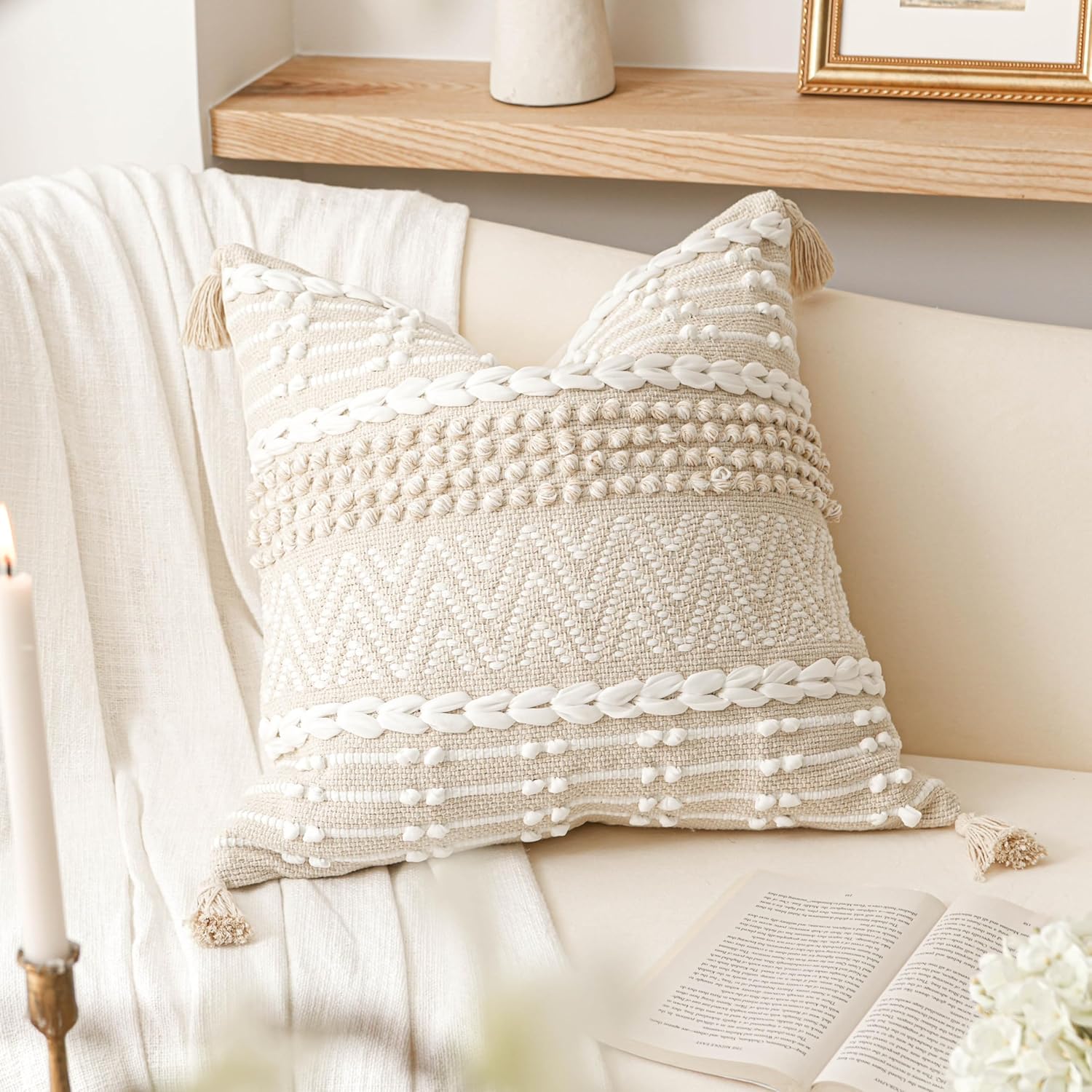 Lumbar Boho Beige Throw Pillow Cover — 36" — 22" x 22" (Pack of 1)
