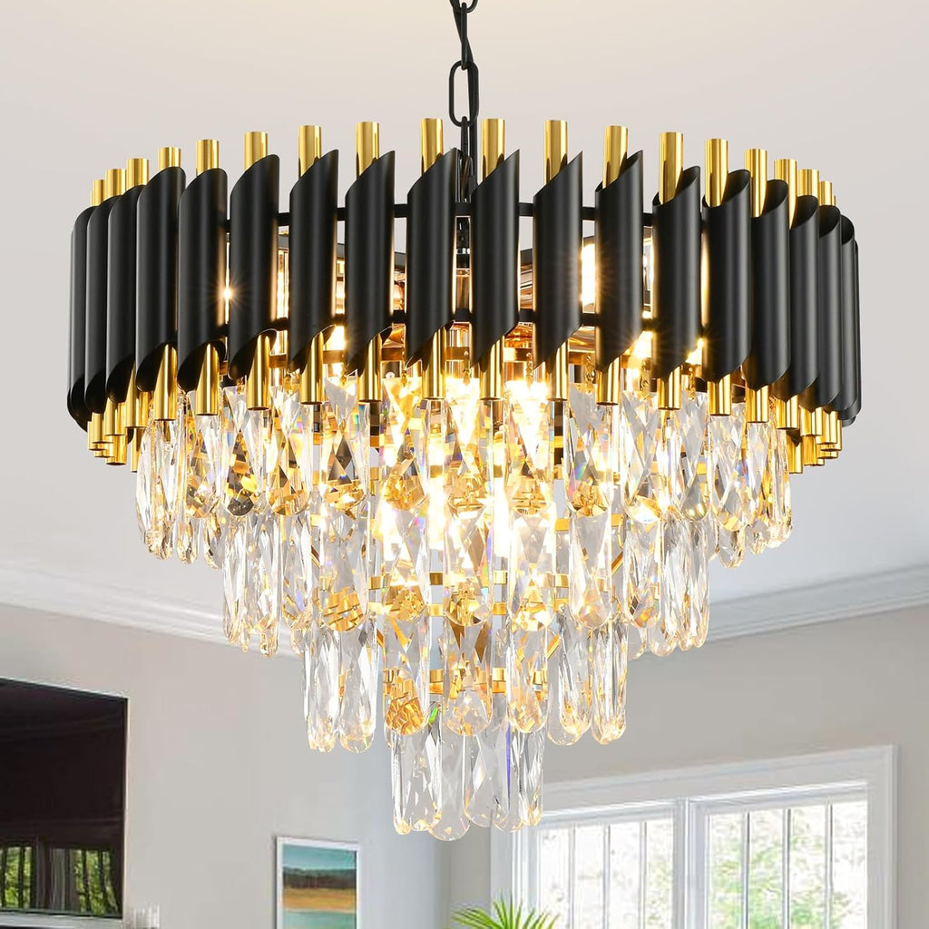 Oval Luxe Black Chandelier — 8-Light — Black and Gold
