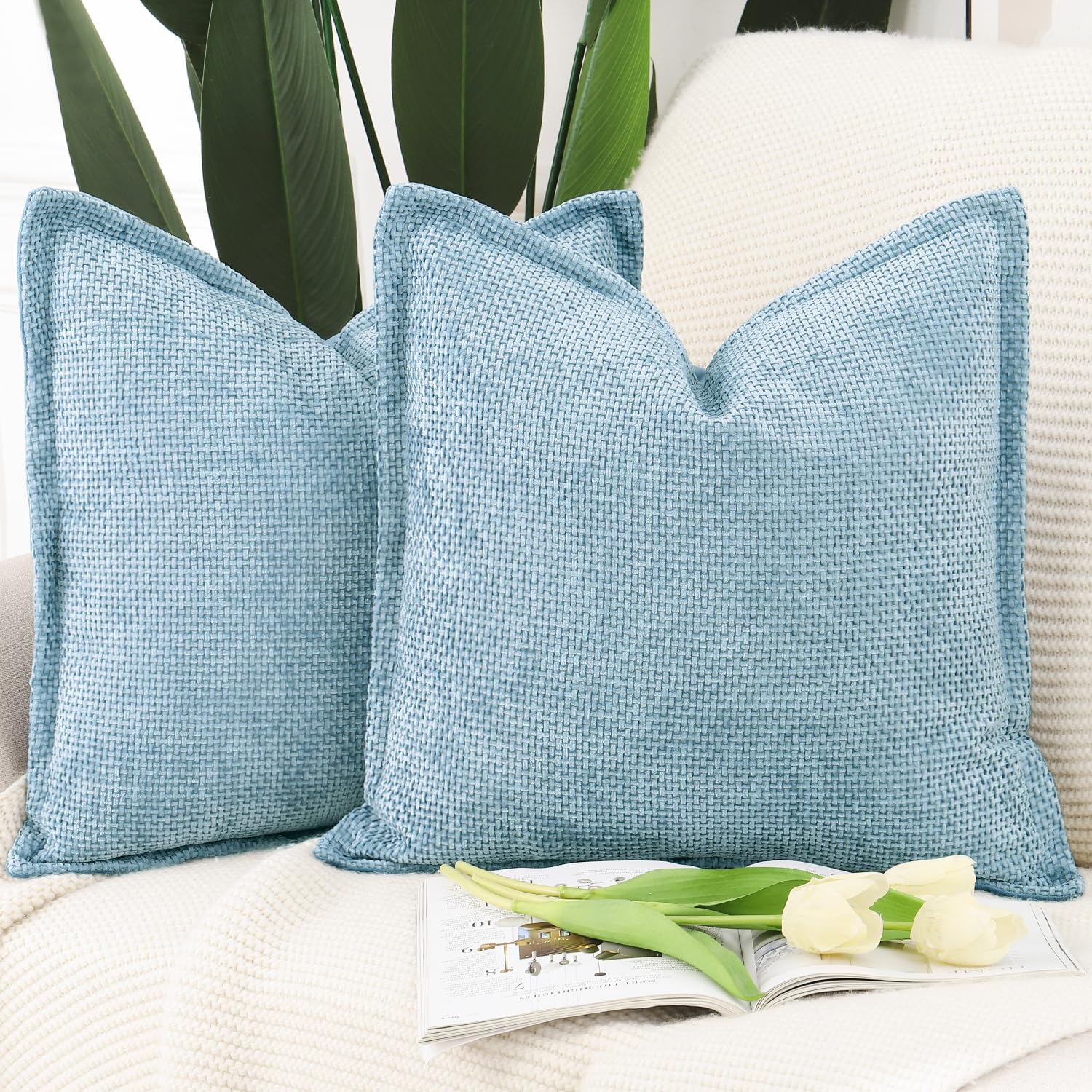 Velvet Boho Beige Throw Pillow Cover — 18" — Light Blue