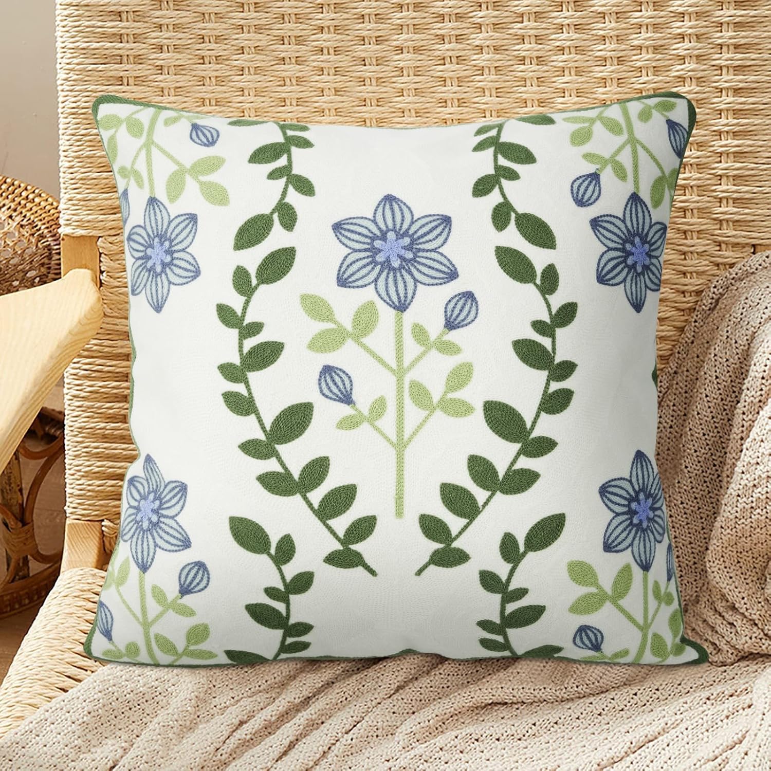 Embroidered Boho Black Throw Pillow Cover — 18" — Green Leaves