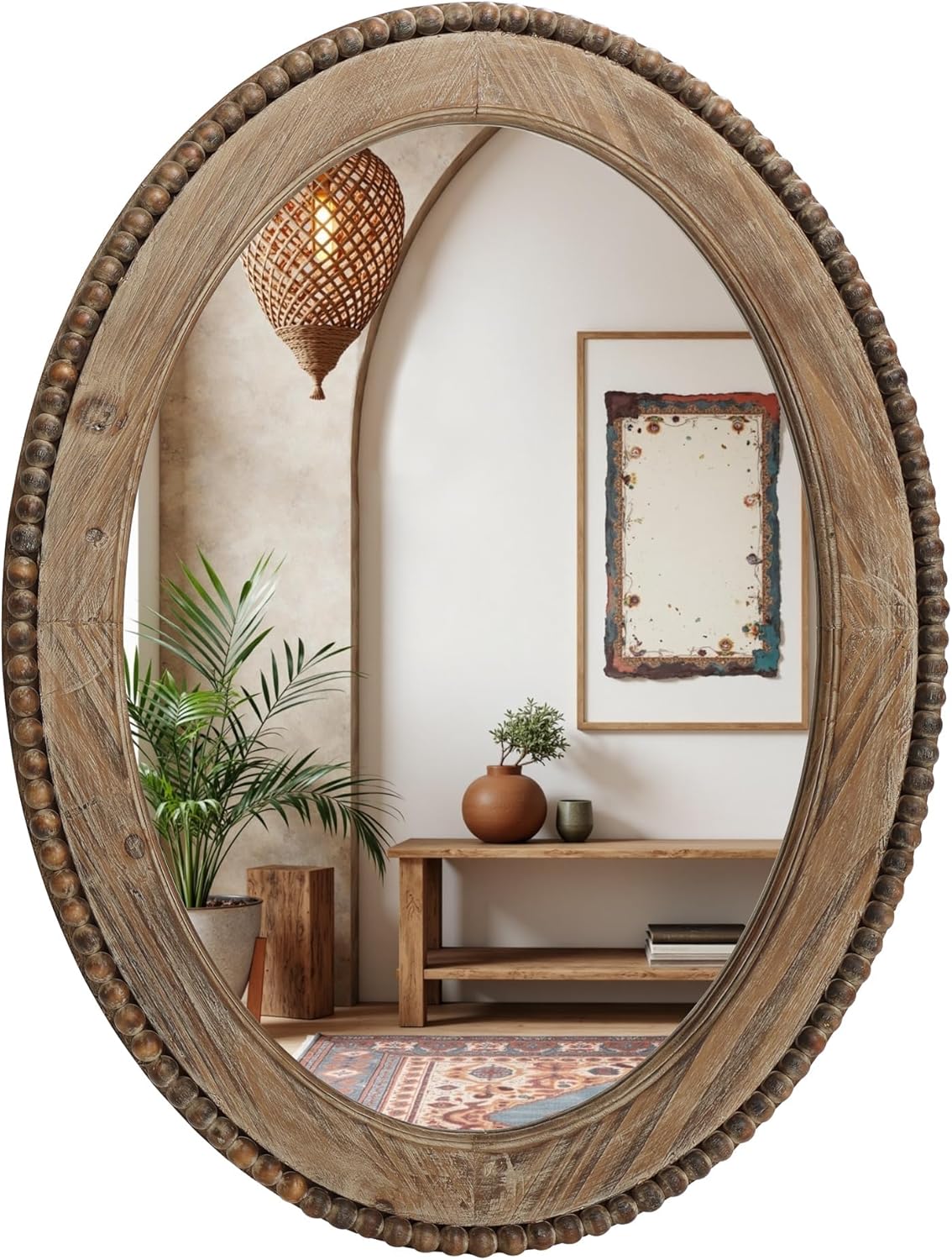 Round Farmhouse Wood Wall Mirror — 25.8" — 32" H Oval